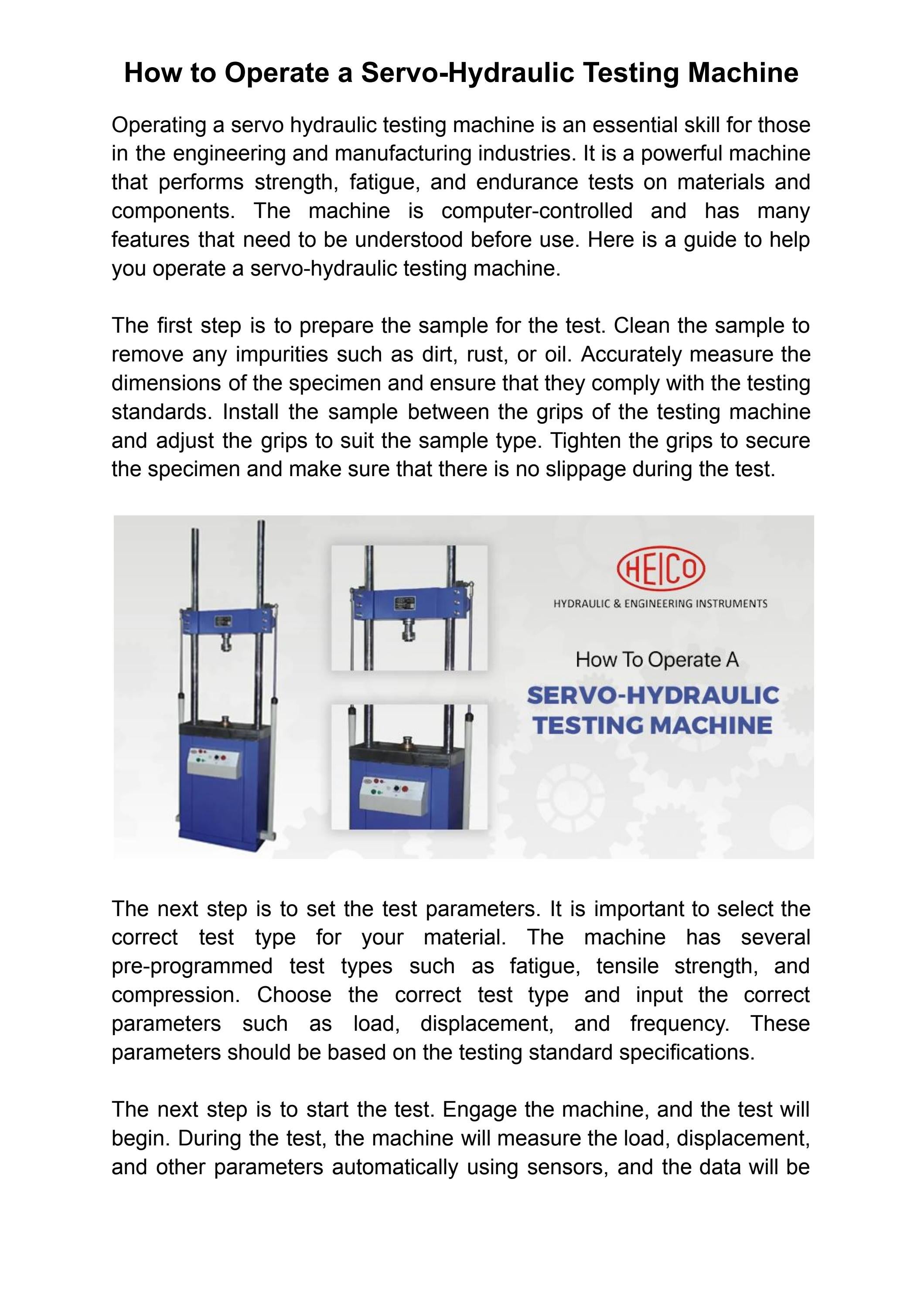 How to Operate a ServoHydraulic Testing Machine by HYDRAULIC