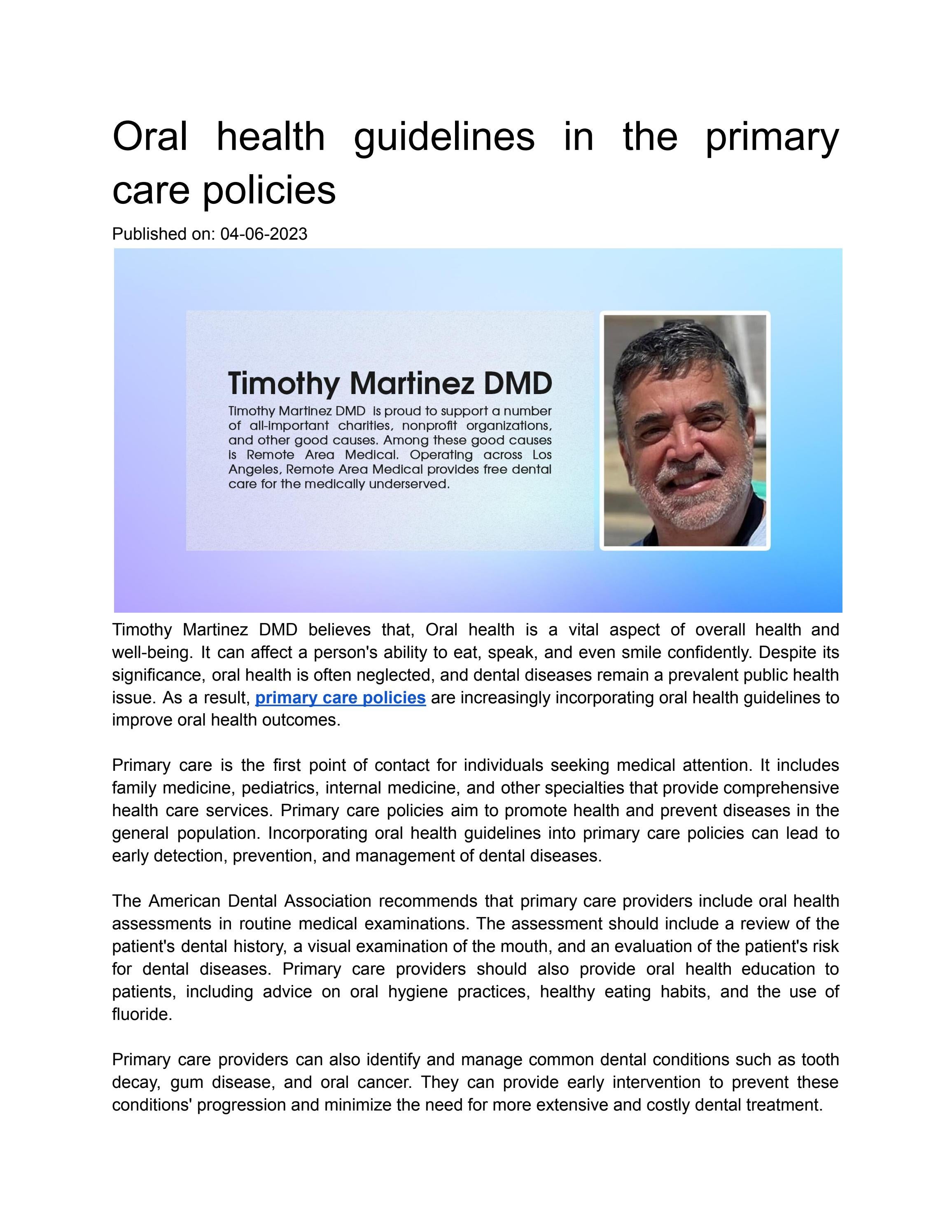 Oral health guidelines in the primary care policies by Timothy Martinez