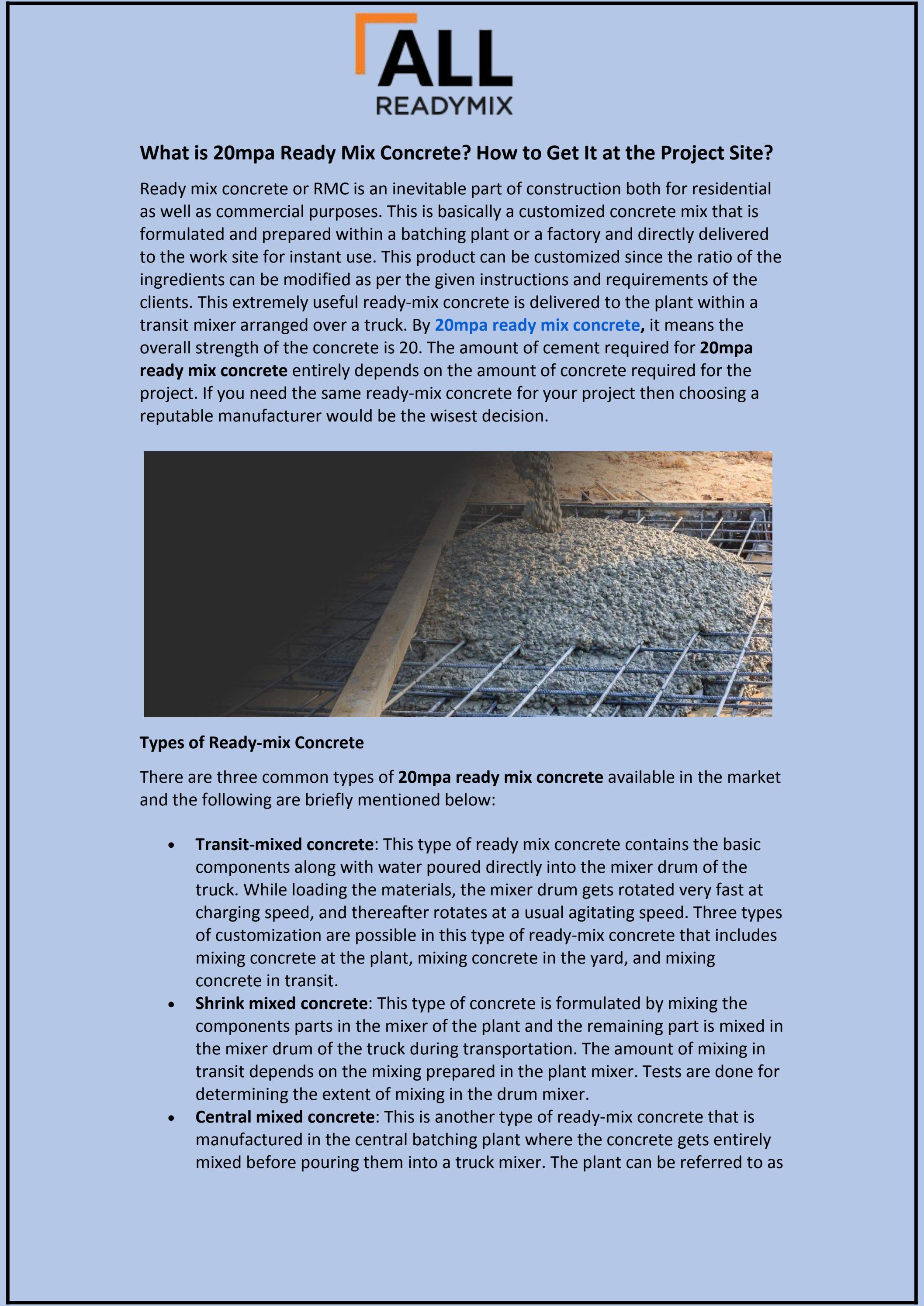 What is 20mpa Ready Mix Concrete? How to Get It at the Project Site? by