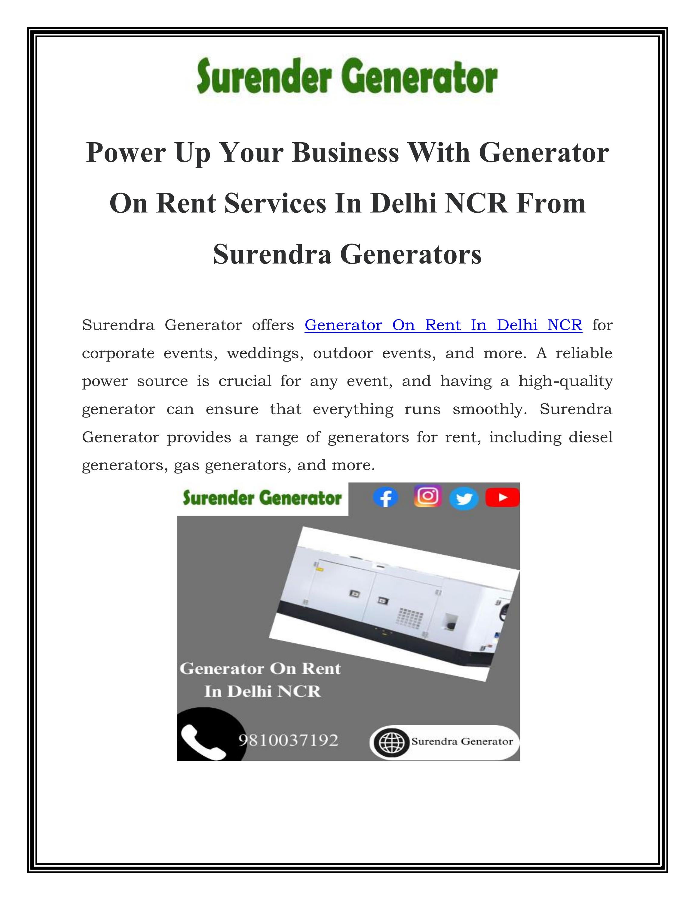 Generator On Rent In Delhi NCR Call9810037192 by Surendra Generator