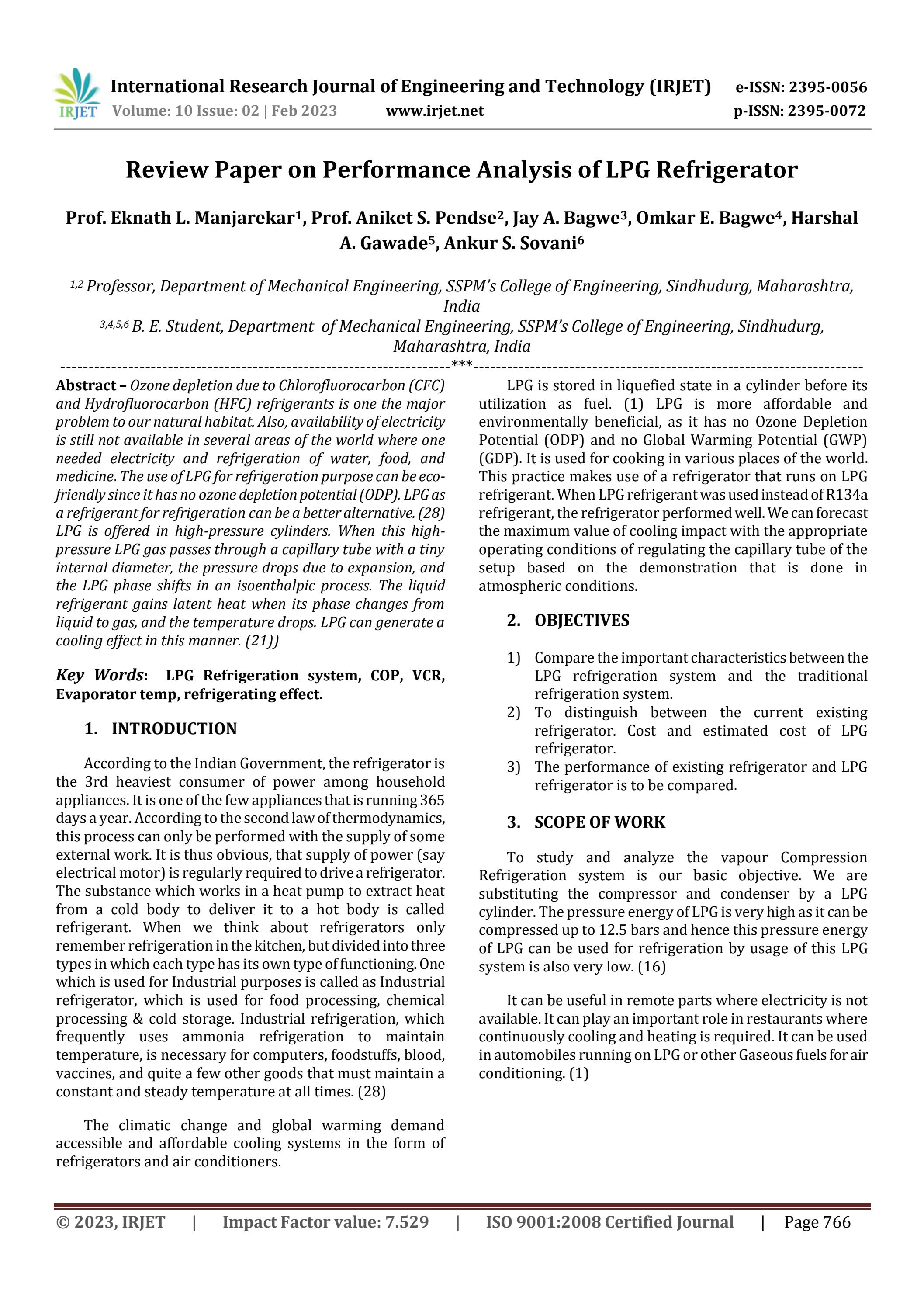 Review Paper on Performance Analysis of LPG Refrigerator by IRJET