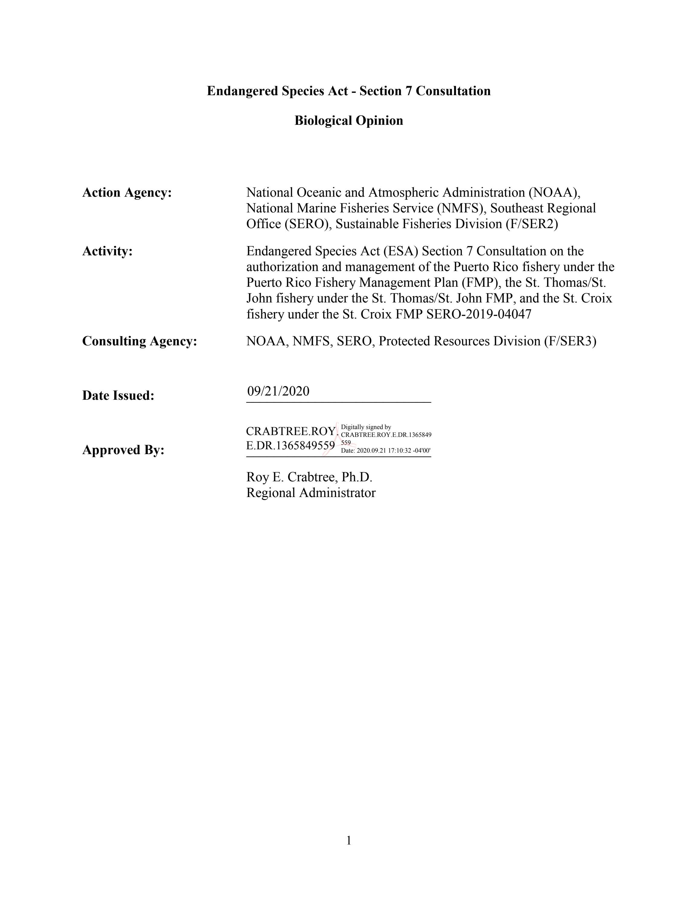 Endangered Species Act Section 7 Consultation Biological Opinion By 