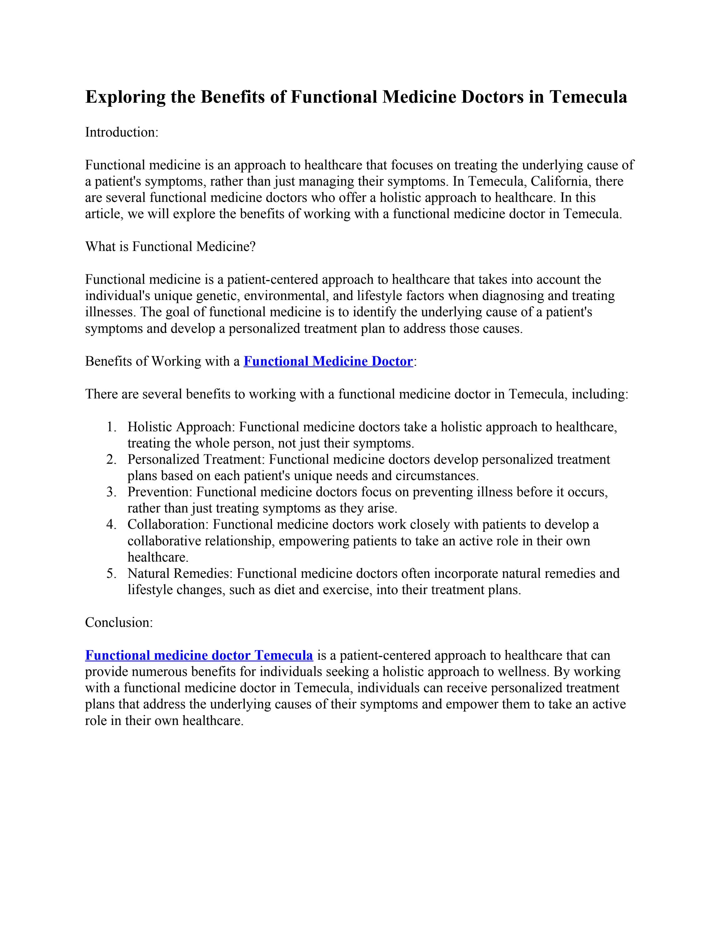 Exploring The Benefits Of Functional Medicine Doctors In Temecula By