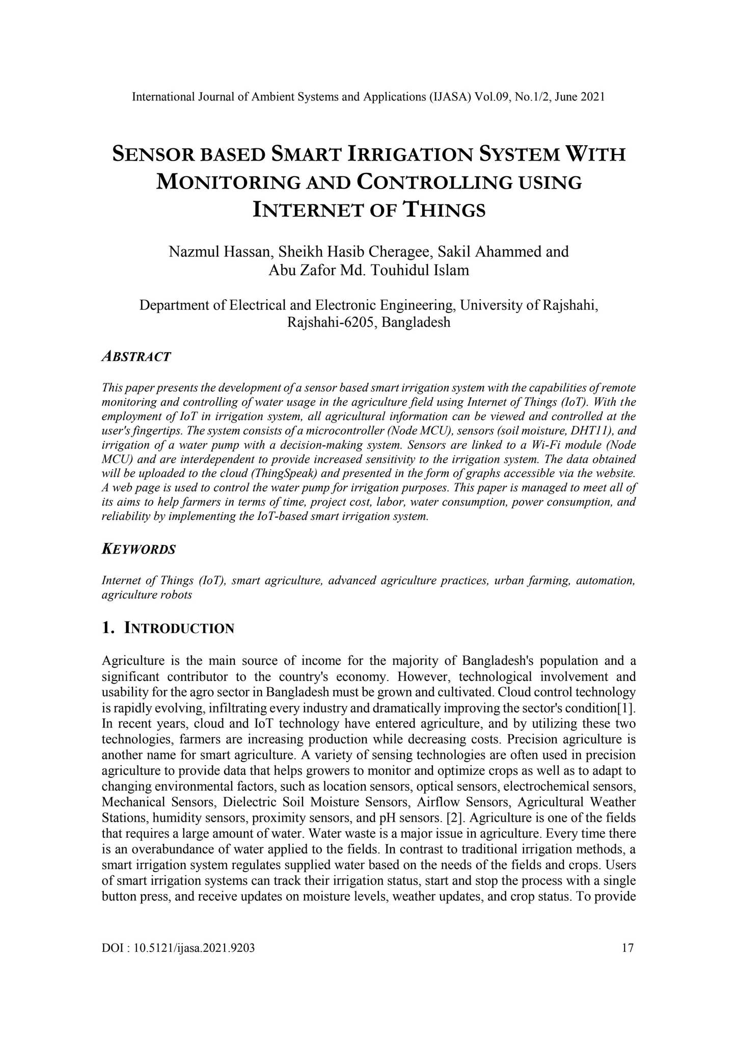SENSOR BASED SMART IRRIGATION SYSTEM WITH MONITORING AND CONTROLLING ...