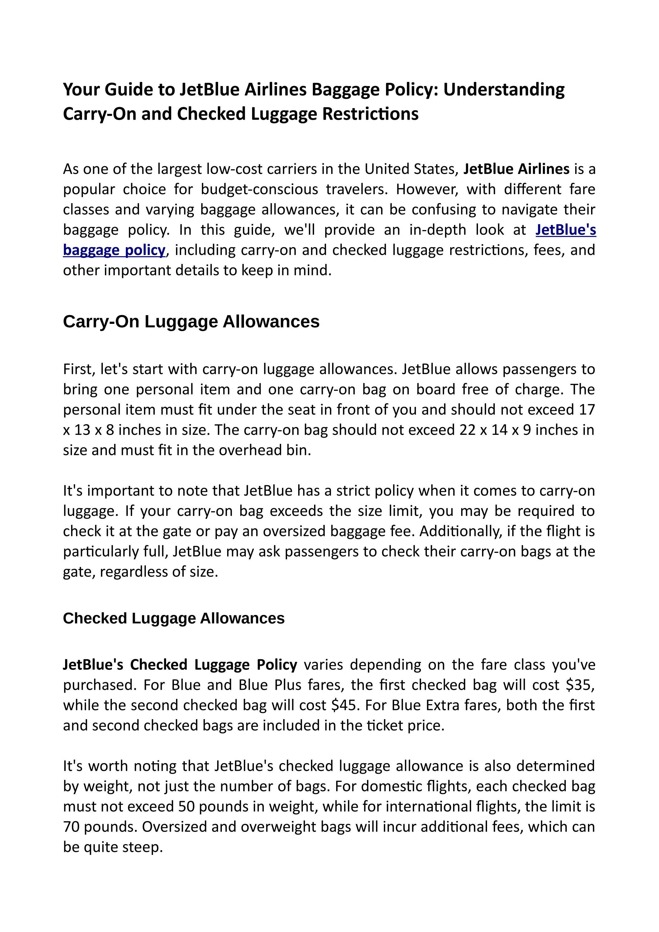 Customer Care Number for JetBlue Airlines Baggage Policy 8337142120