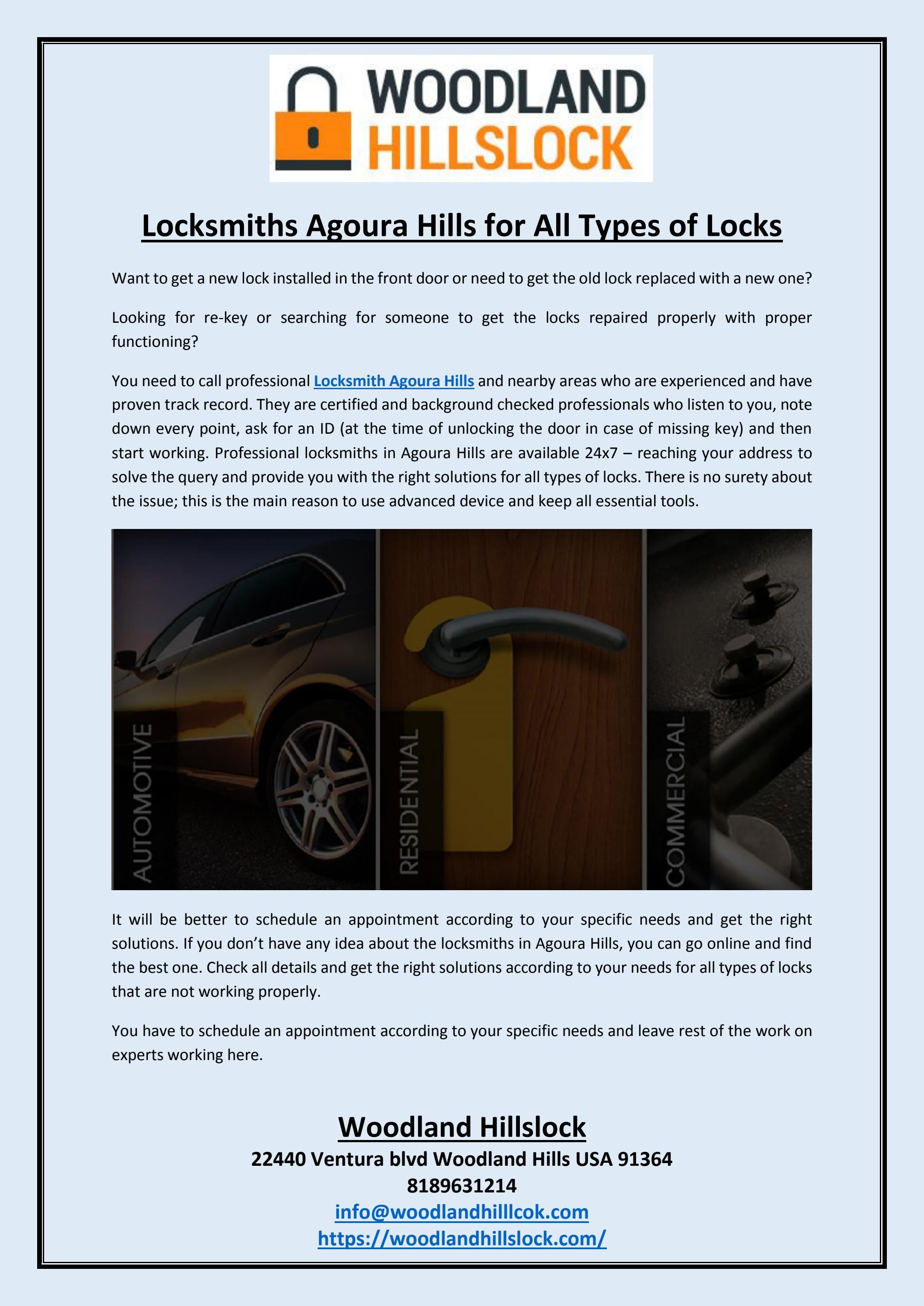 Locksmiths Agoura Hills for All Types of Locks by Woodland Hillslock