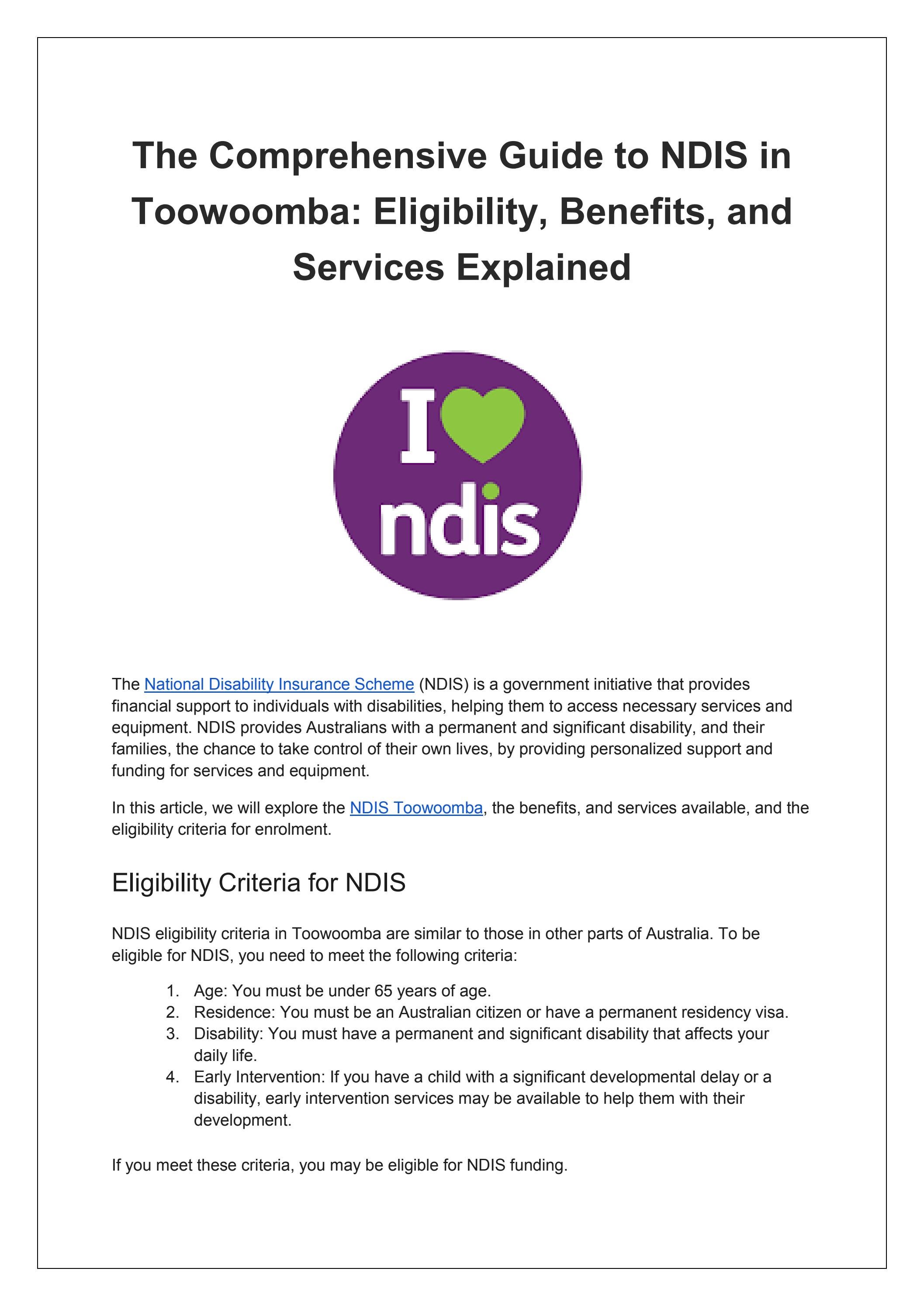 The Comprehensive Guide to NDIS in Toowoomba Eligibility, Benefits