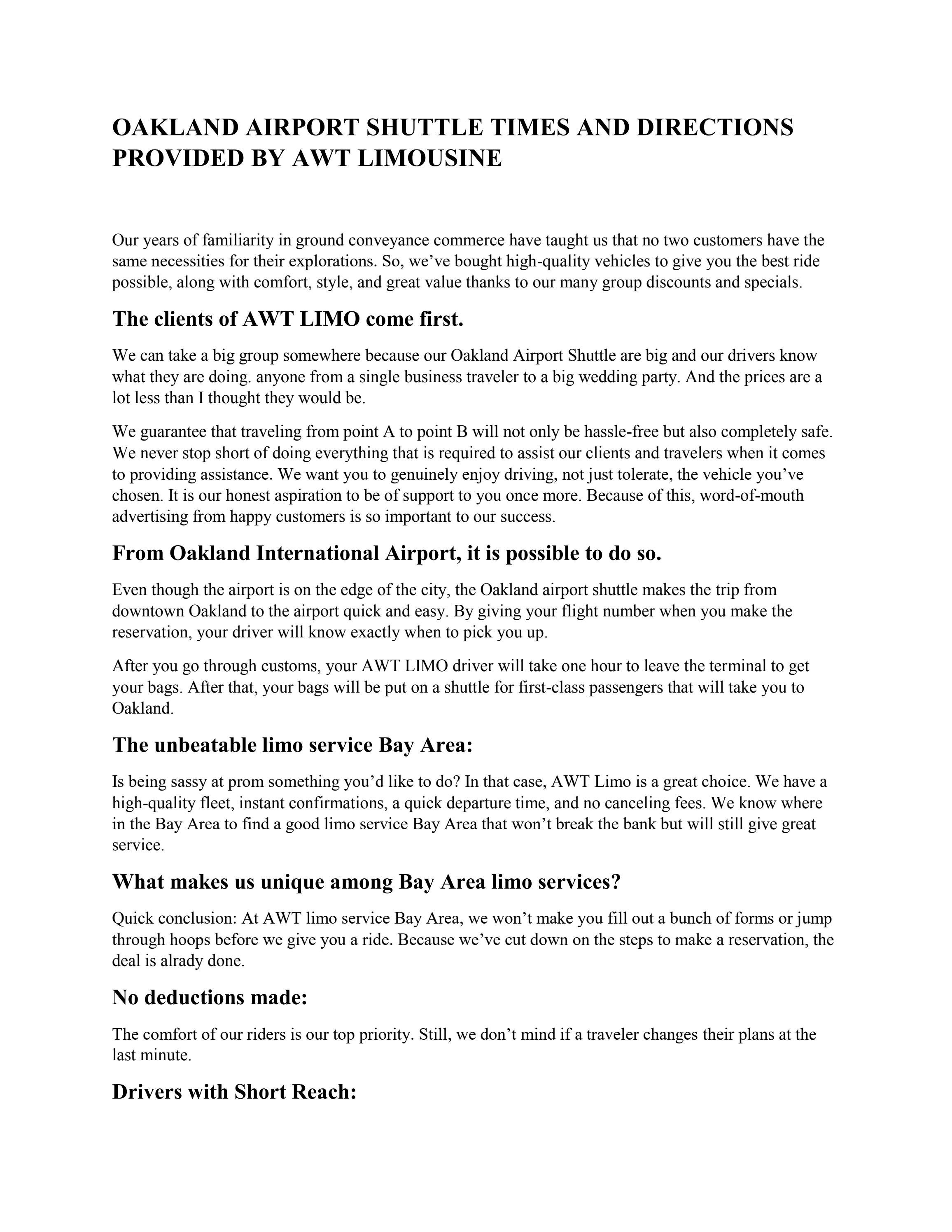 OAKLAND AIRPORT SHUTTLE TIMES AND DIRECTIONS PROVIDED BY AWT LIMOUSINE