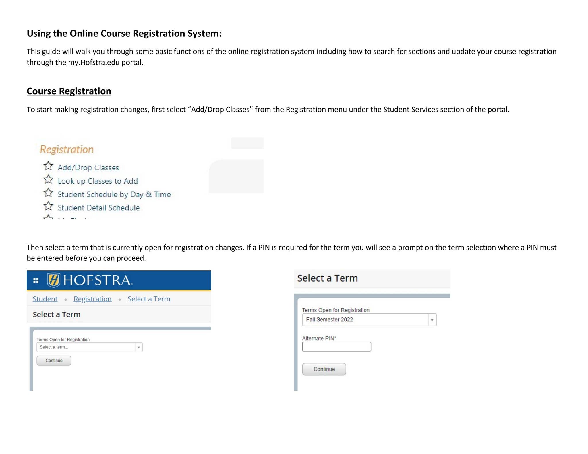 Using the Online Course Registration System Hofstra University by