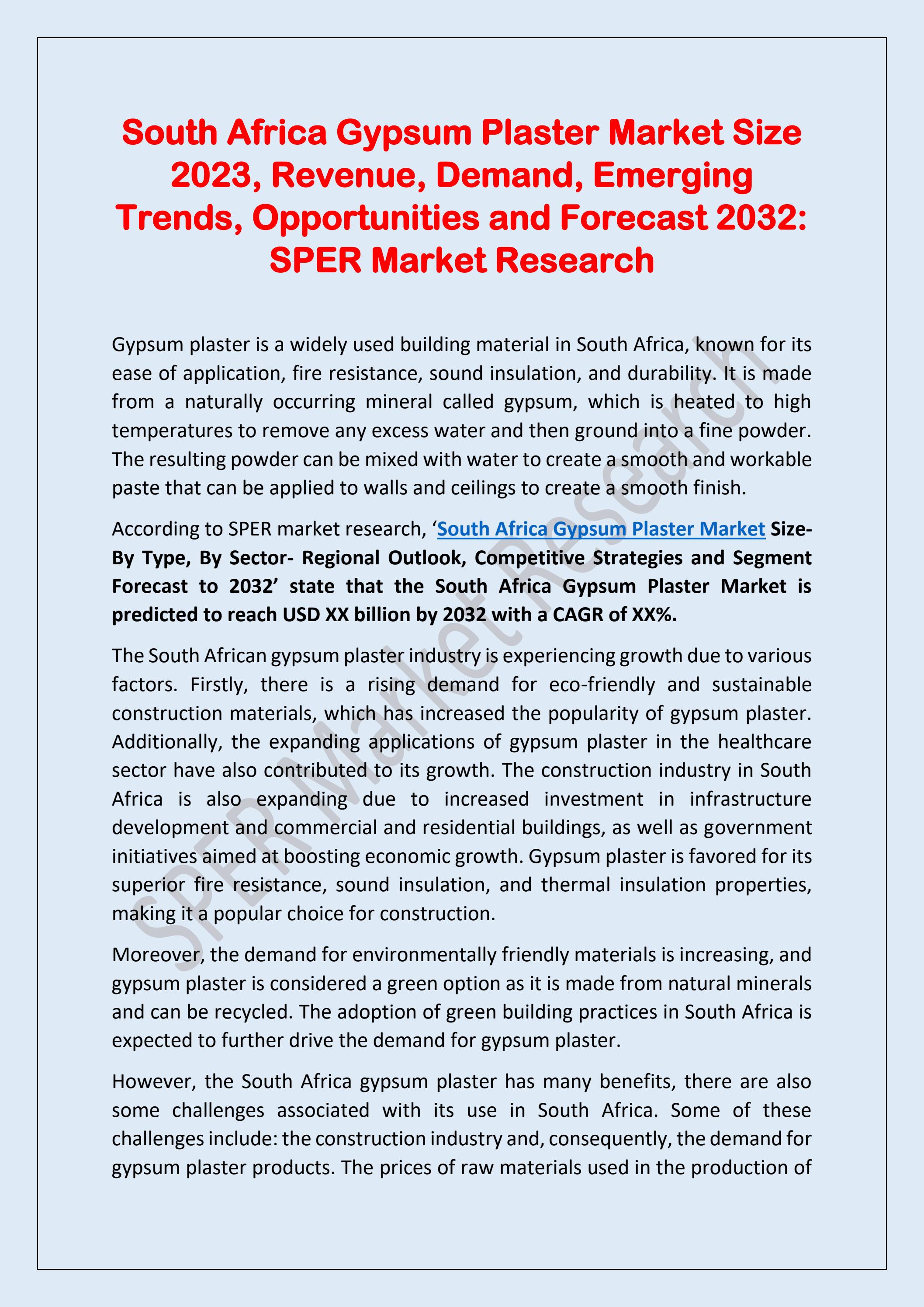 South Africa Gypsum Plaster Market Size 2023, Revenue, Demand, Emerging