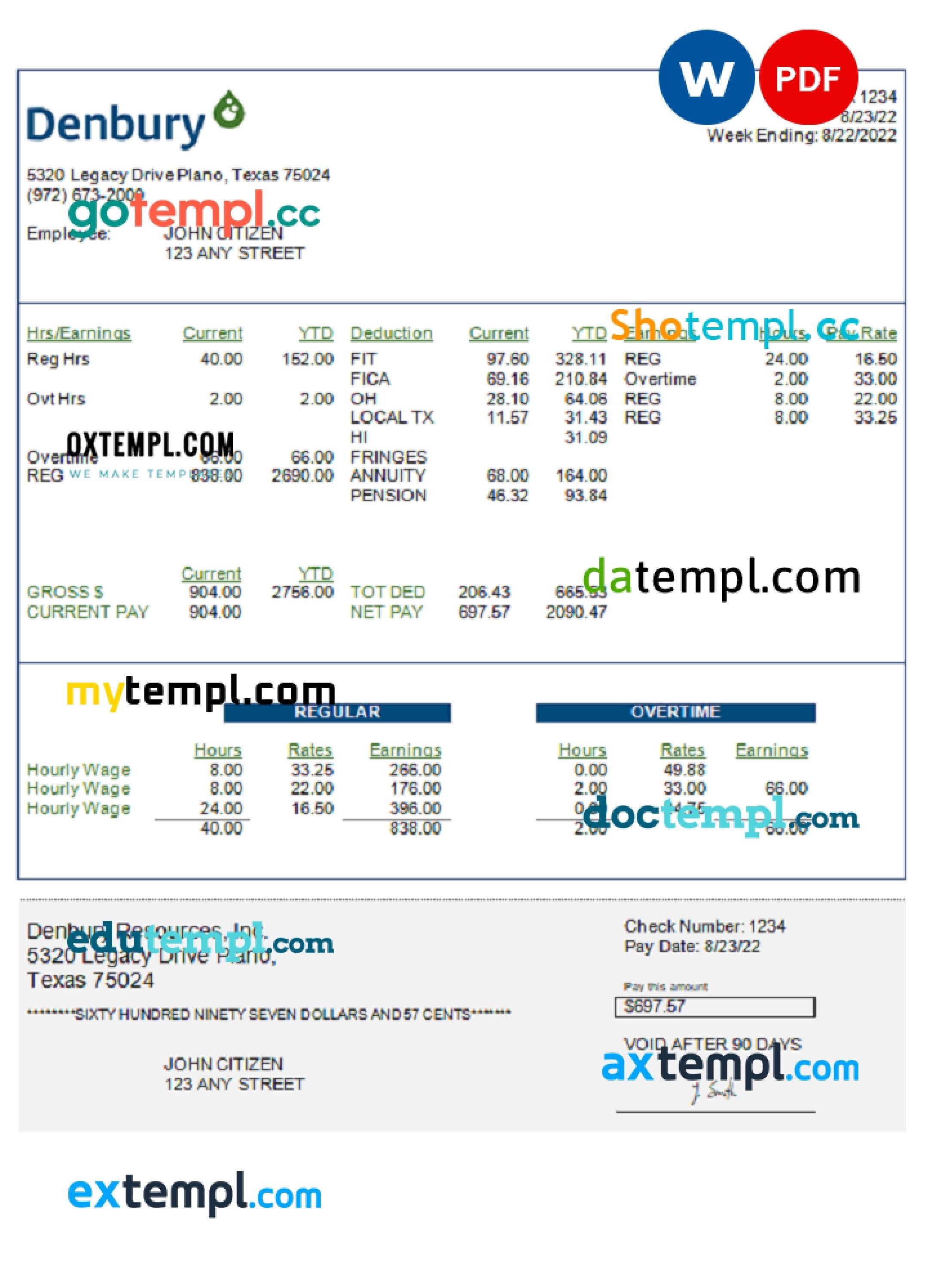 USA Denbury Resources Inc. oil & gas company paycheck Word and PDF