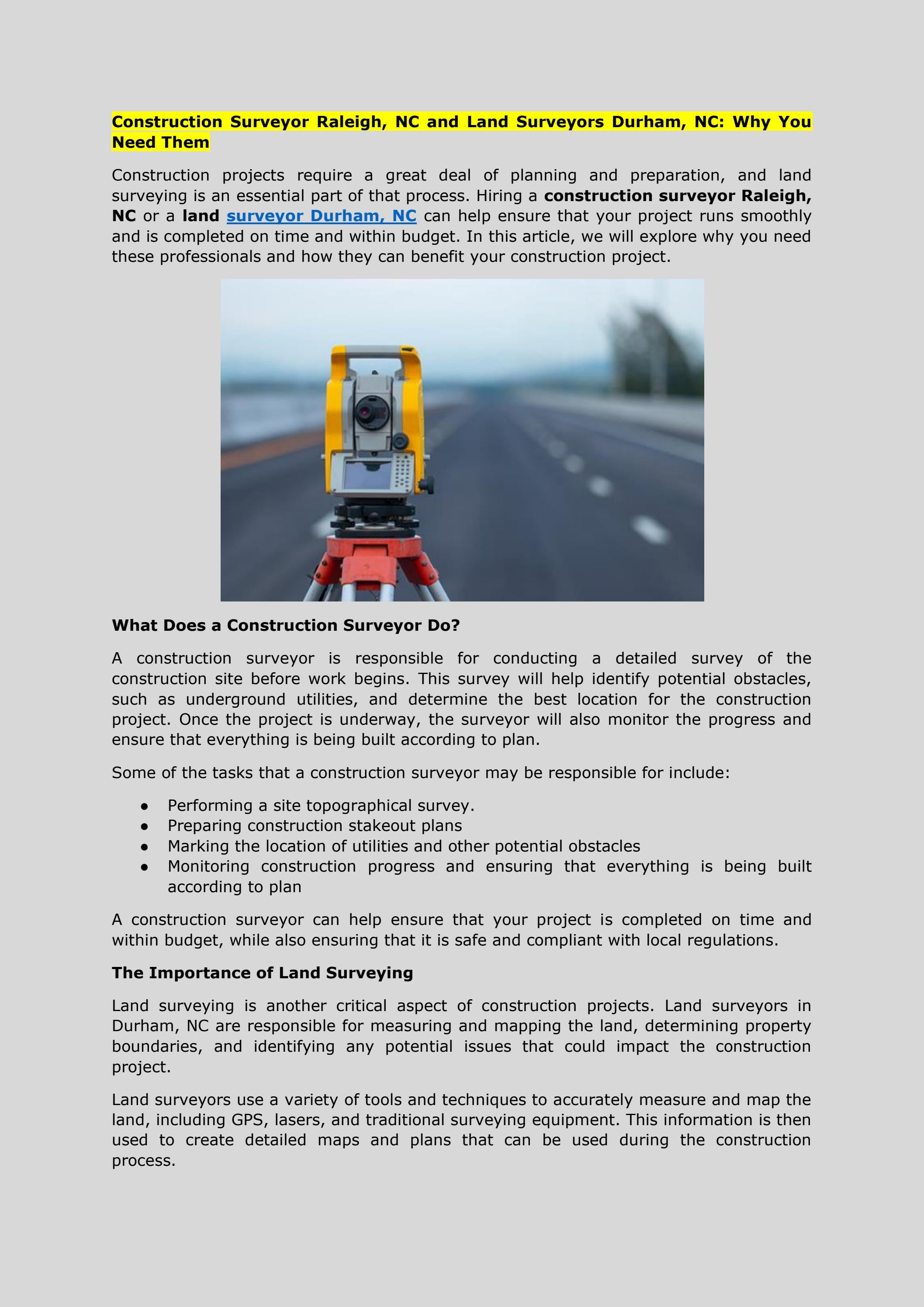 Construction Surveyor Raleigh, NC and Land Surveyors Durham, NC Why