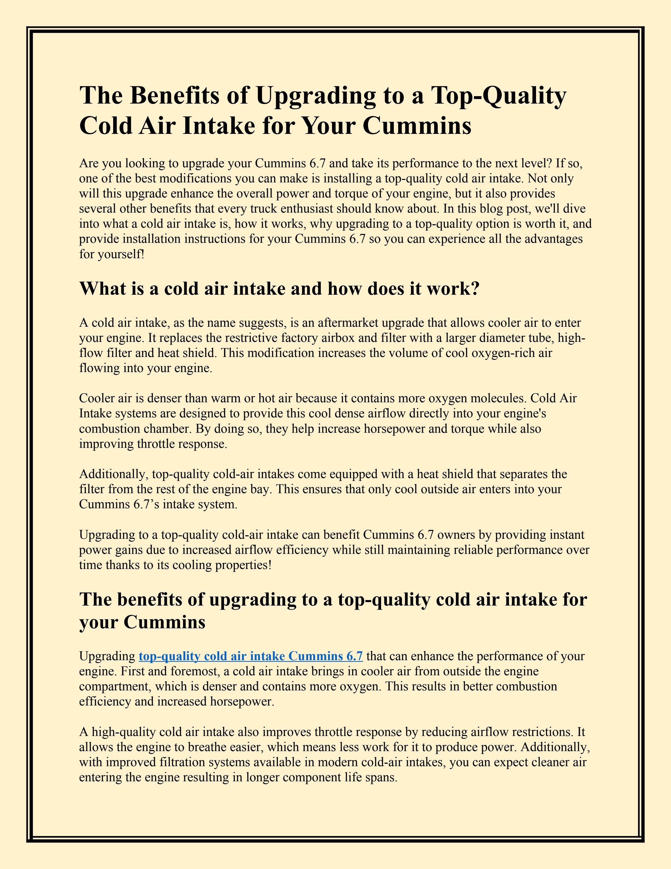 The Benefits of Upgrading to a TopQuality Cold Air Intake for Your