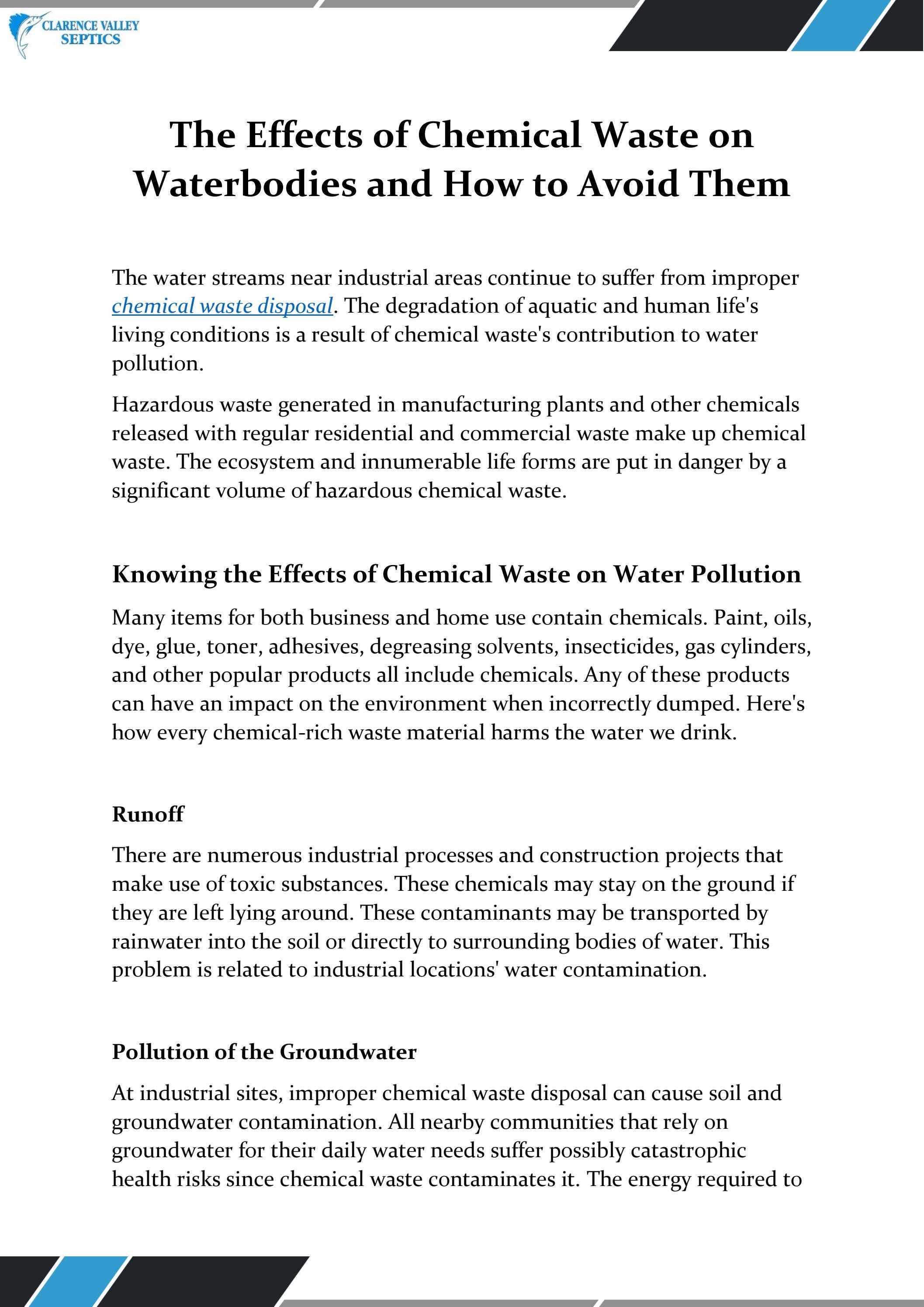 The Effects of Chemical Waste on Waterbodies and How to Avoid Them by
