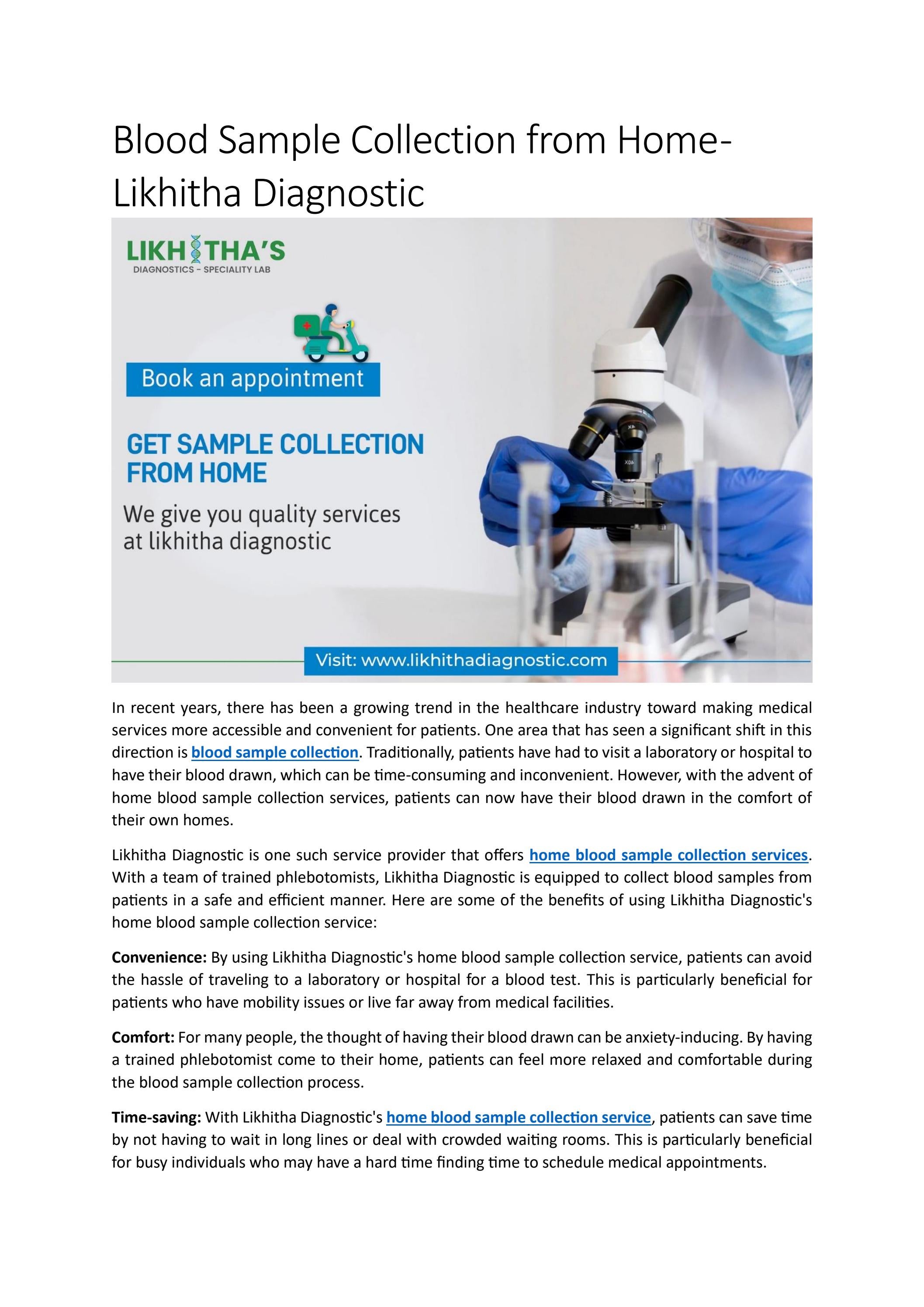 Blood Sample Collection from Home Likhitha Diagnostic by Likhitha