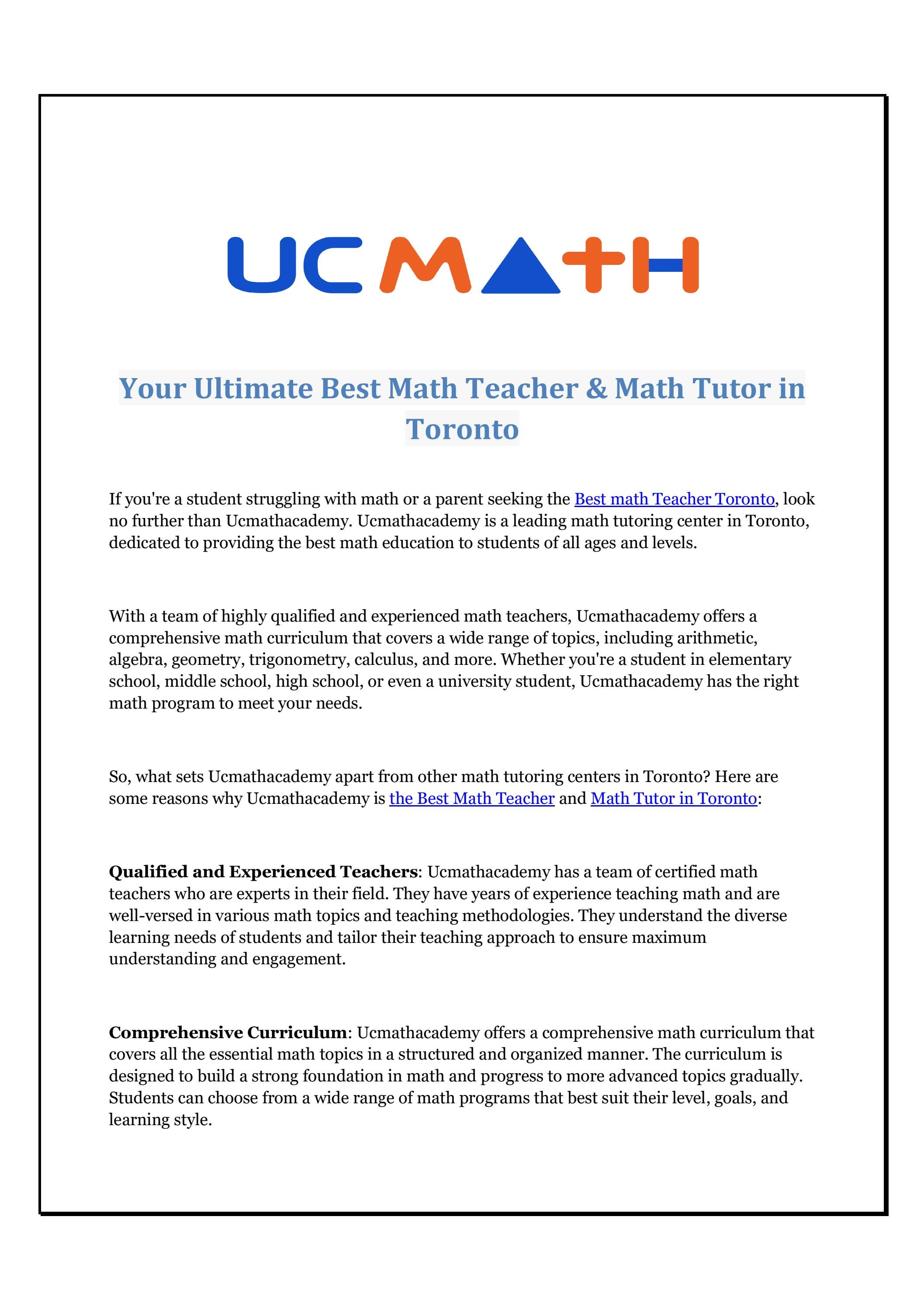 Your Ultimate Best Math Teacher & Math Tutor in Toronto by ucmath