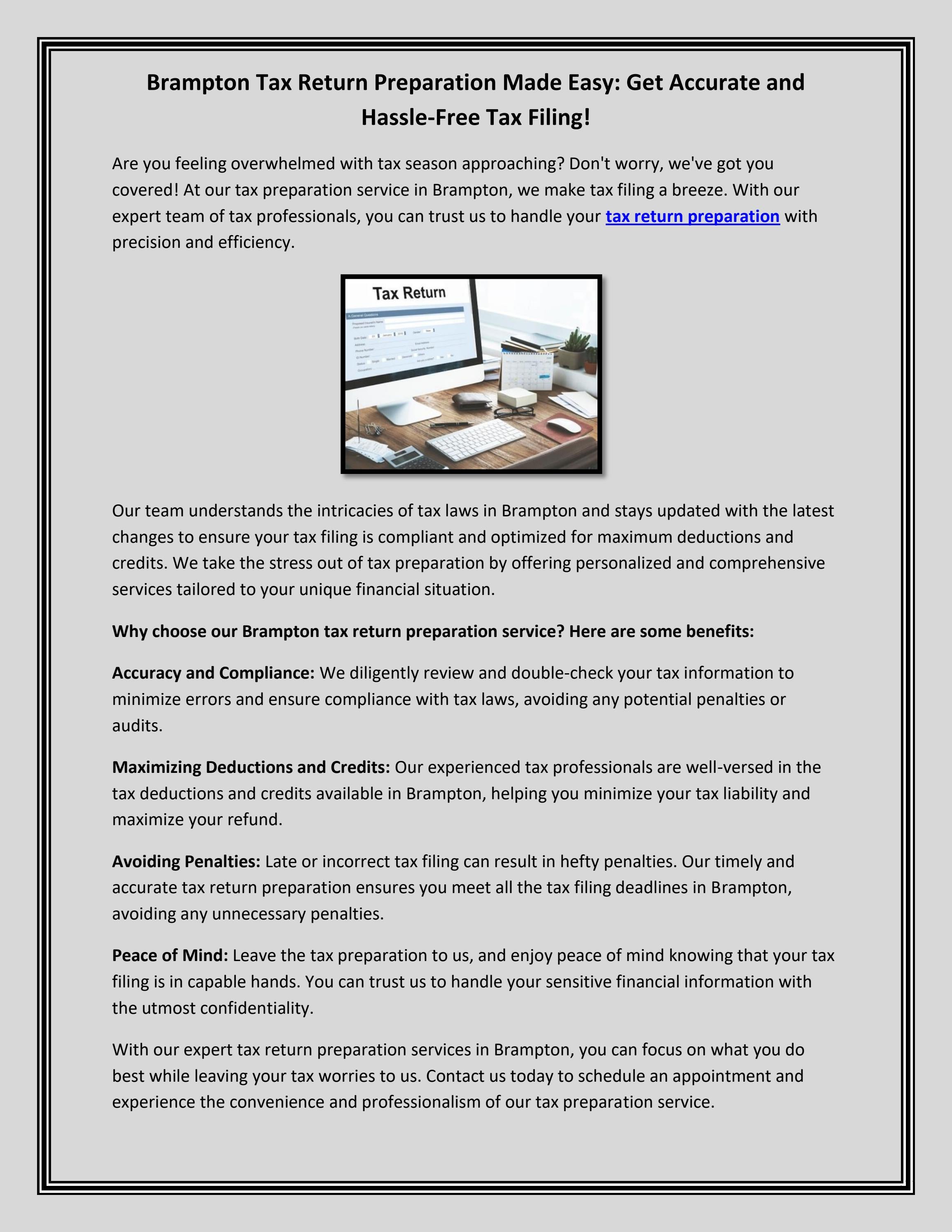 Brampton Tax Return Preparation Made Easy Get Accurate and HassleFree