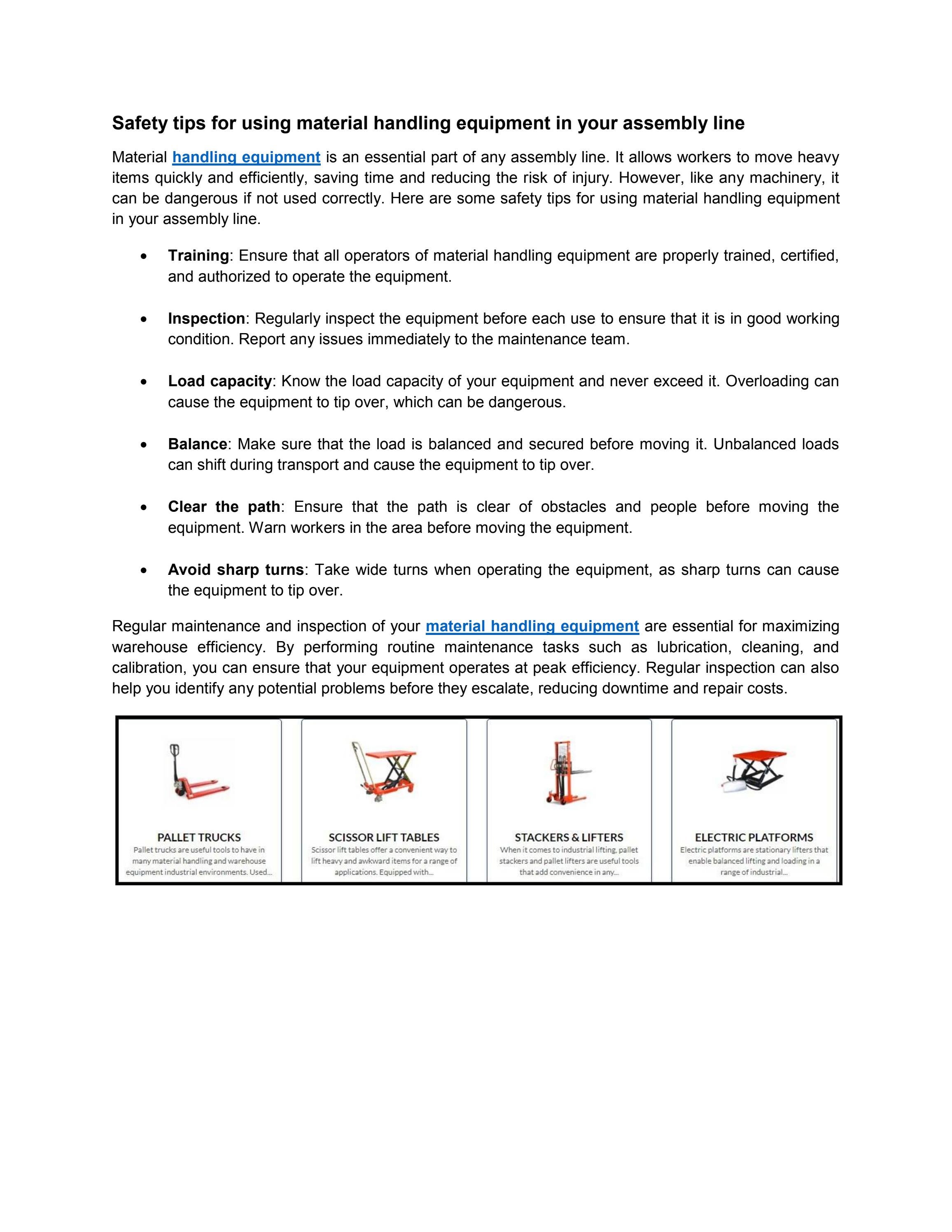 Safety tips for using material handling equipment in your assembly line