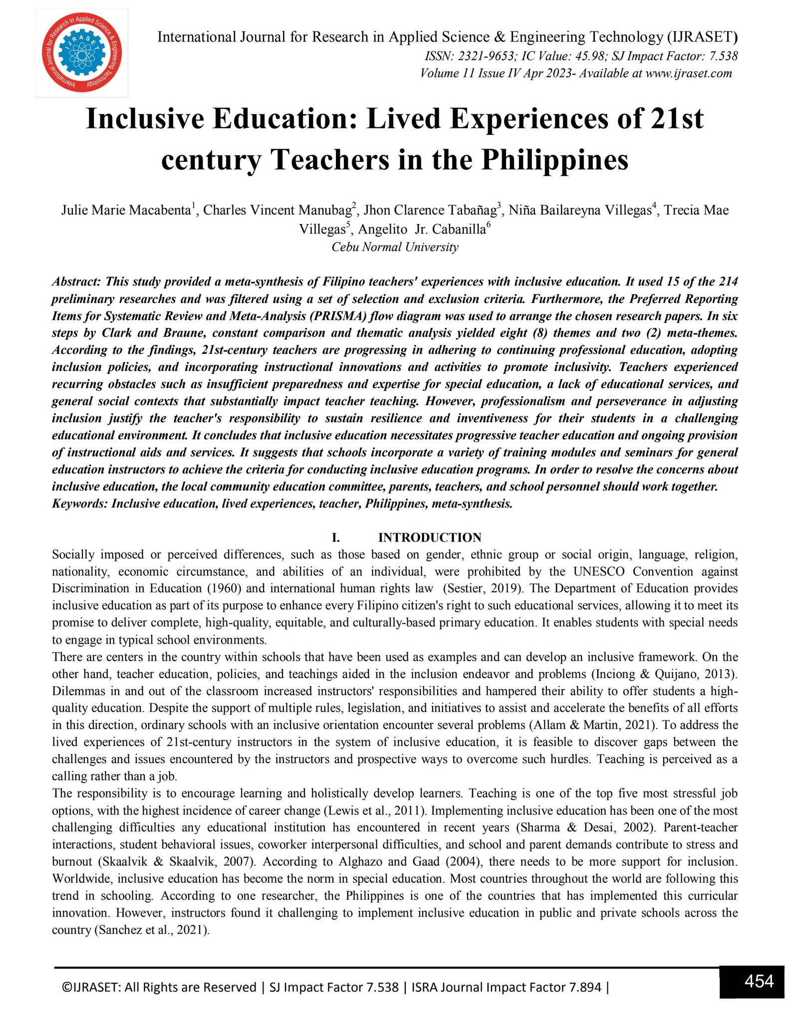 Inclusive Education: Lived Experiences of 21st century Teachers in the ...