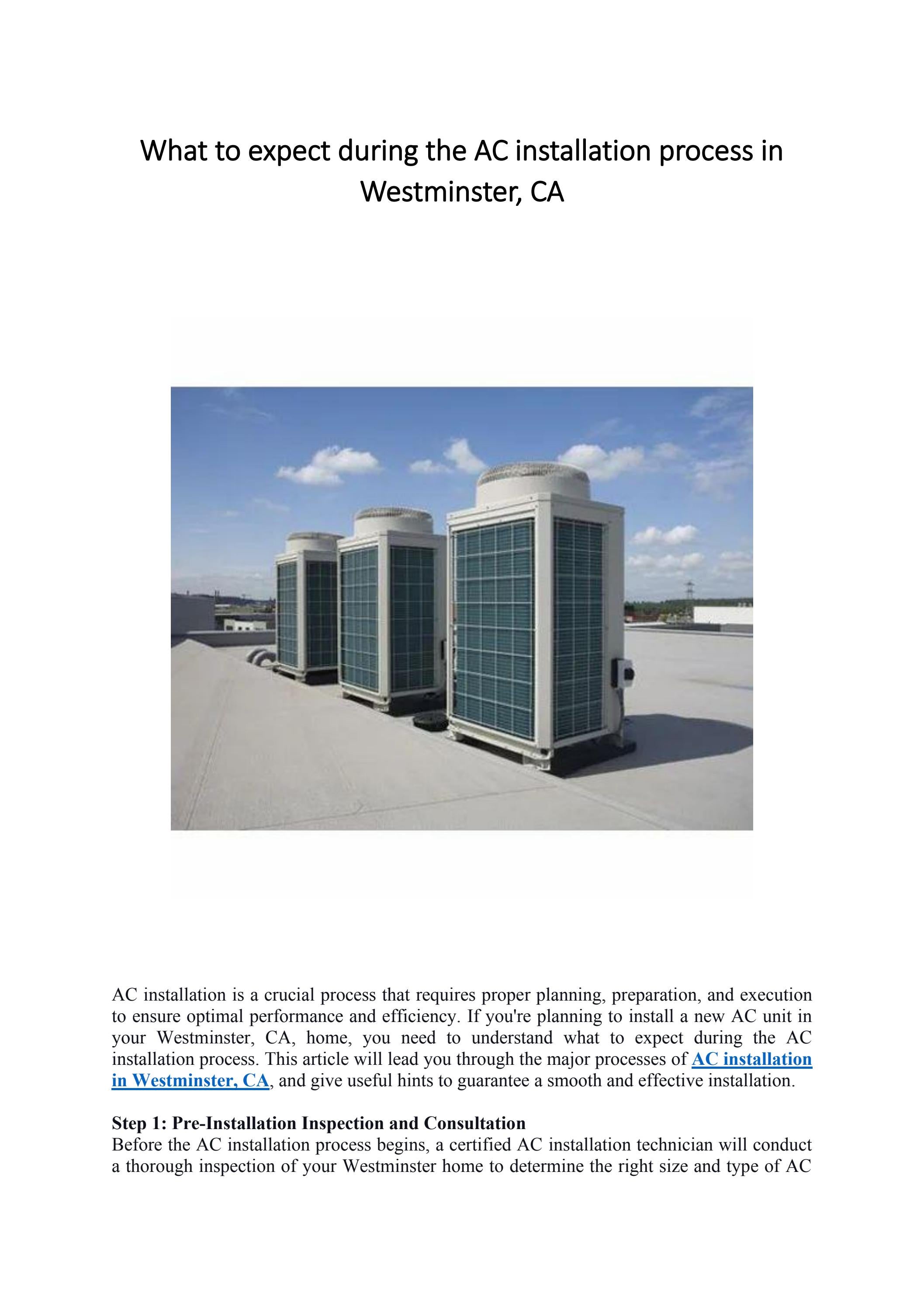 What to expect during the AC installation process in Westminster, CA by