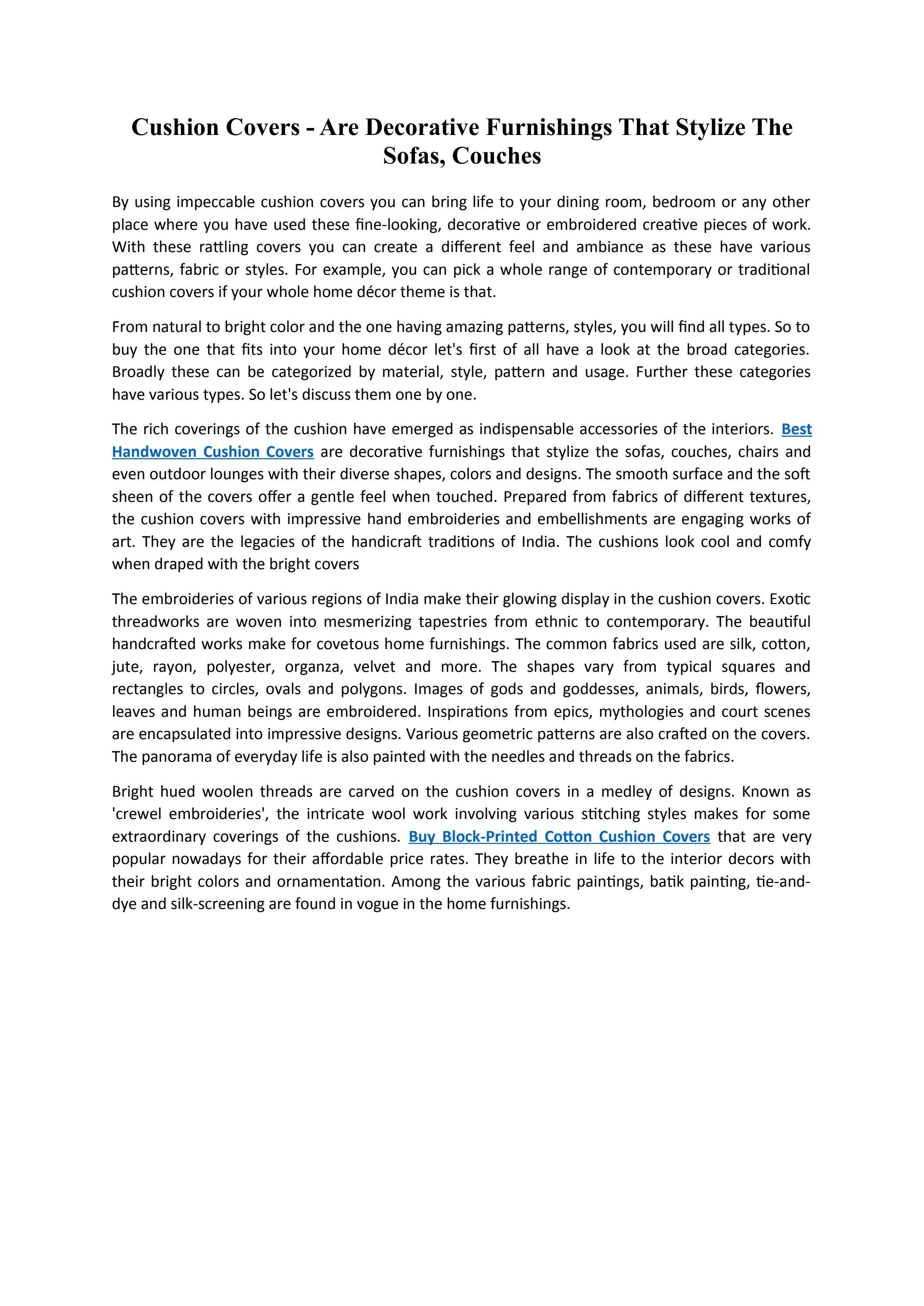 Cushion Covers Are Decorative Furnishings That Stylize The Sofas