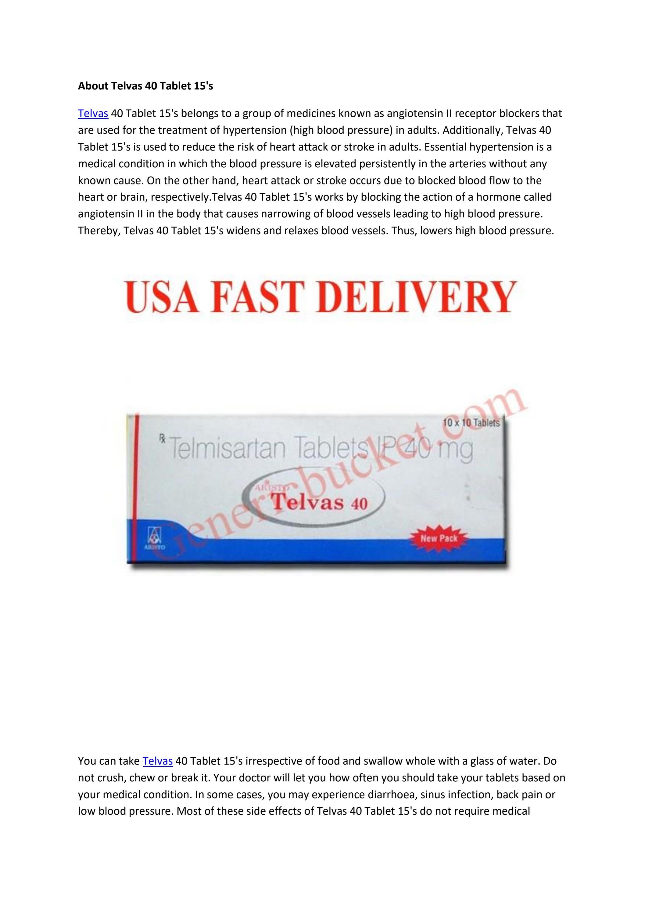About Telvas 40 Tablet 15's by genericbucket pharma - Issuu