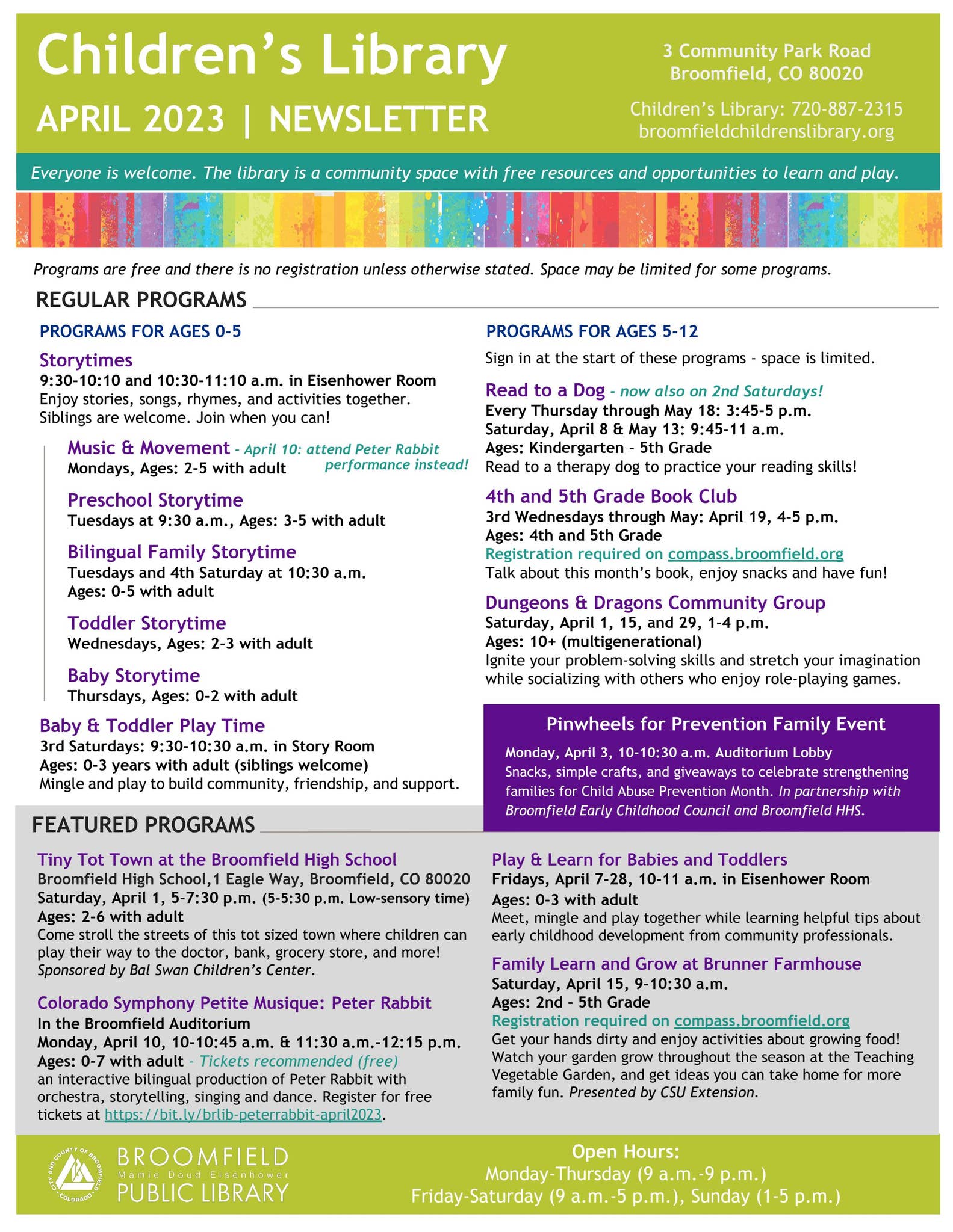 Broomfield Library Children's Newsletter April 2023 by City and
