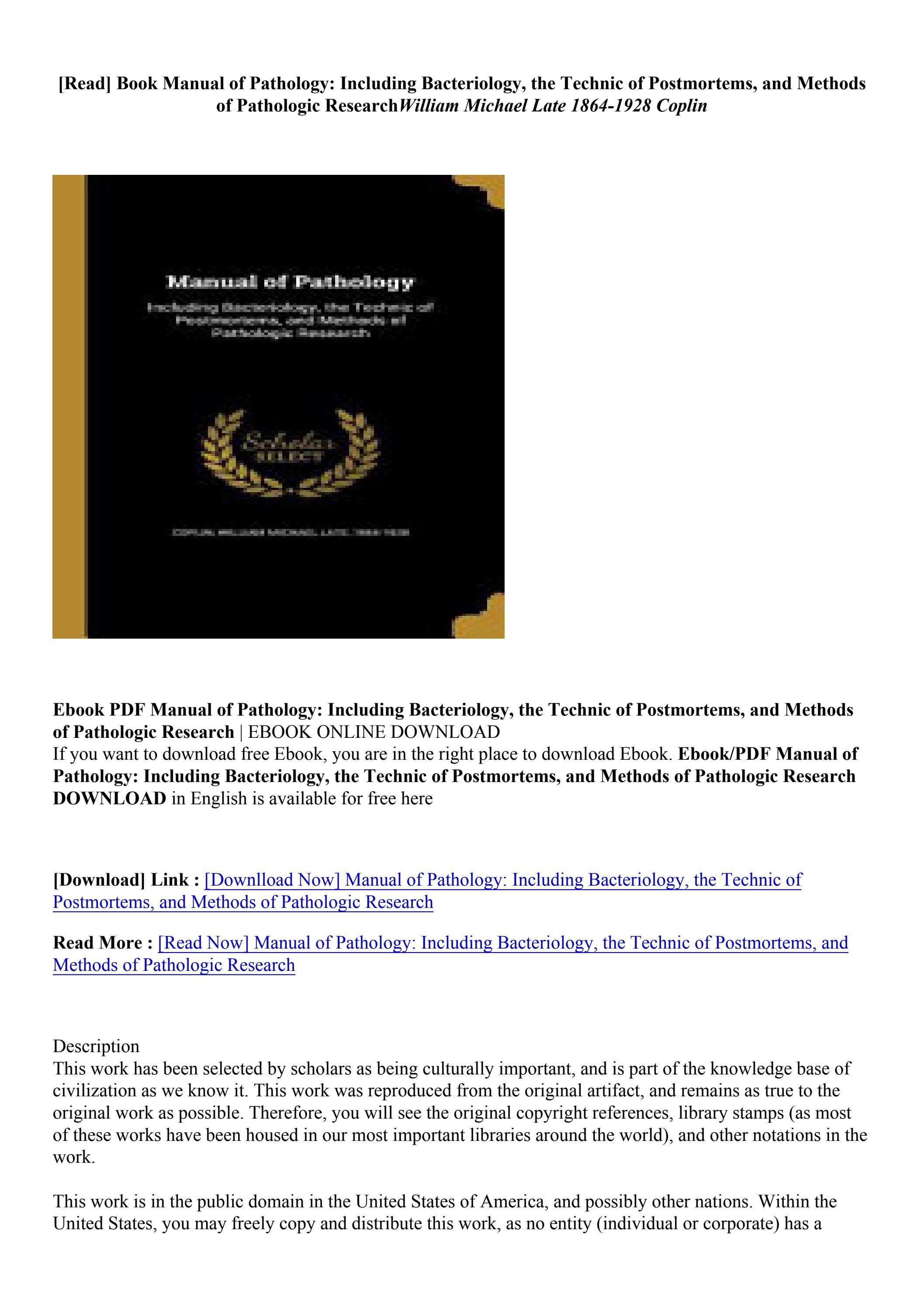 (PDF/ePub) Manual of Pathology Including Bacteriology, the Technic of