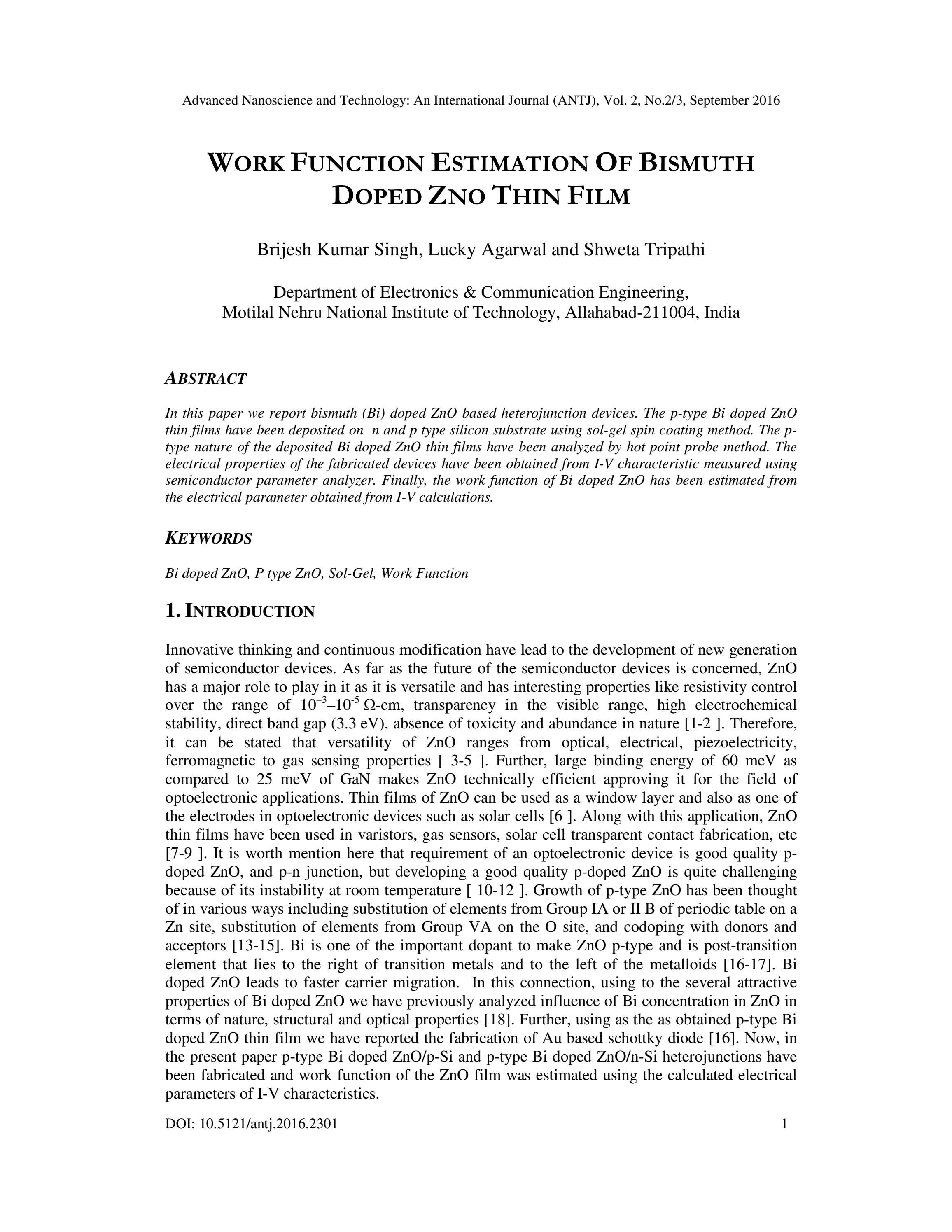 Work Function Estimation of Bismuth Doped ZNO Thin Film by