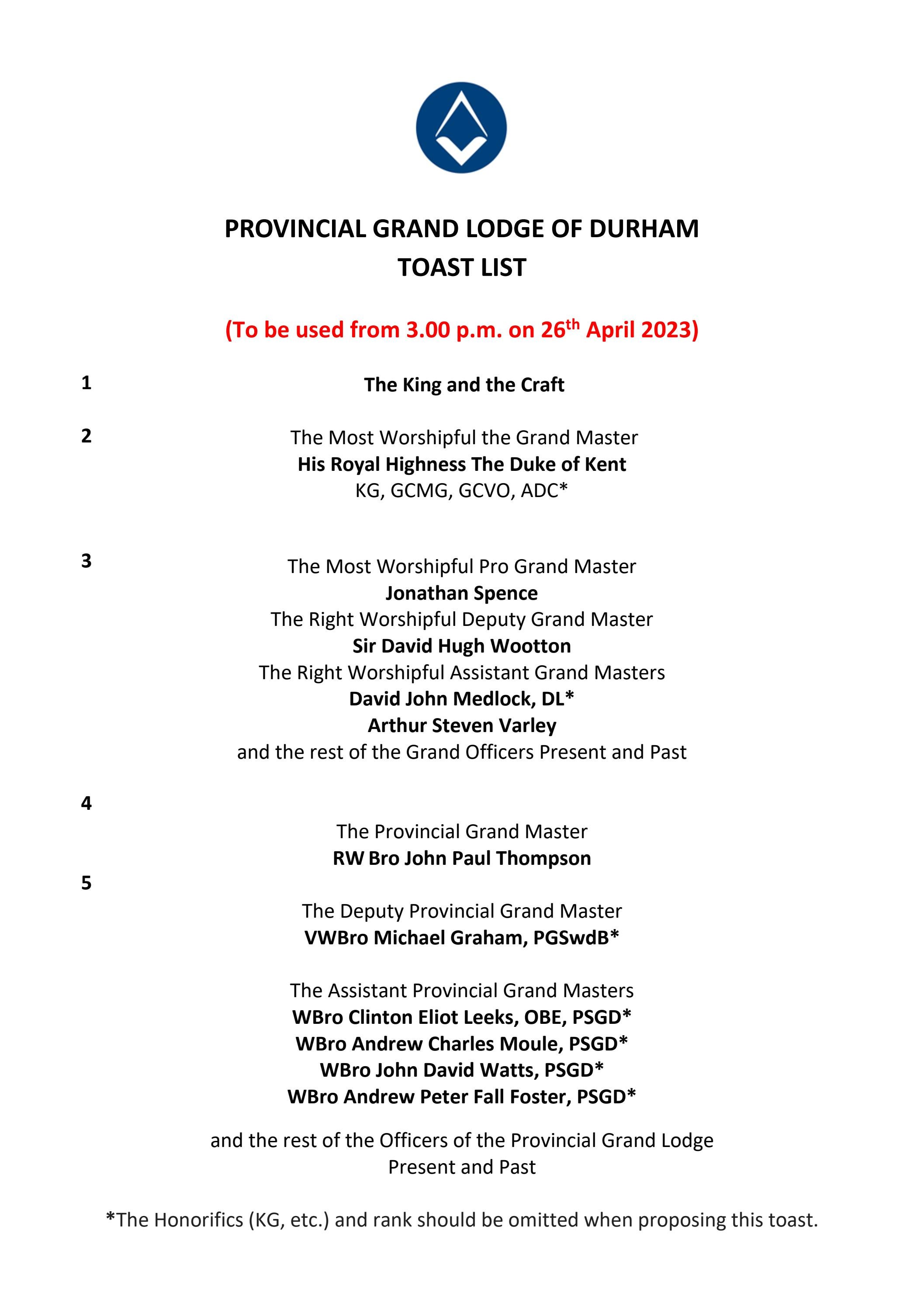 Craft Toast List by Durham Freemasons Issuu