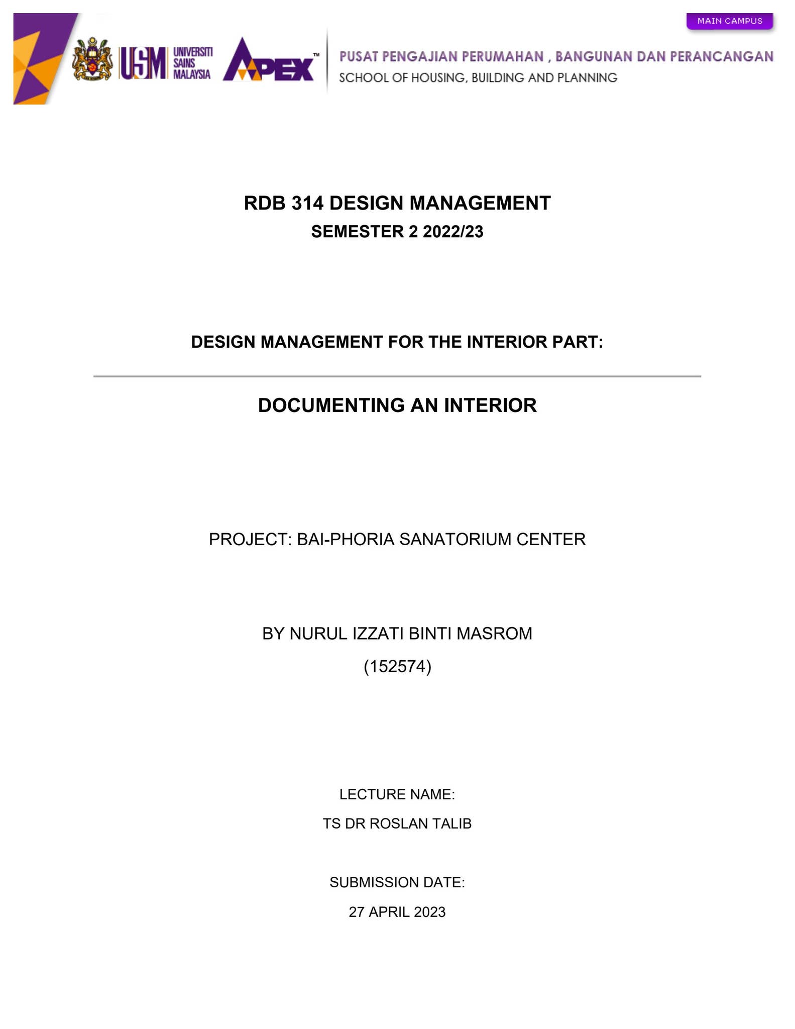 RDB 314 DESIGN MANAGEMENT: DESIGN MANAGEMENT FOR THE INTERIOR PART ...