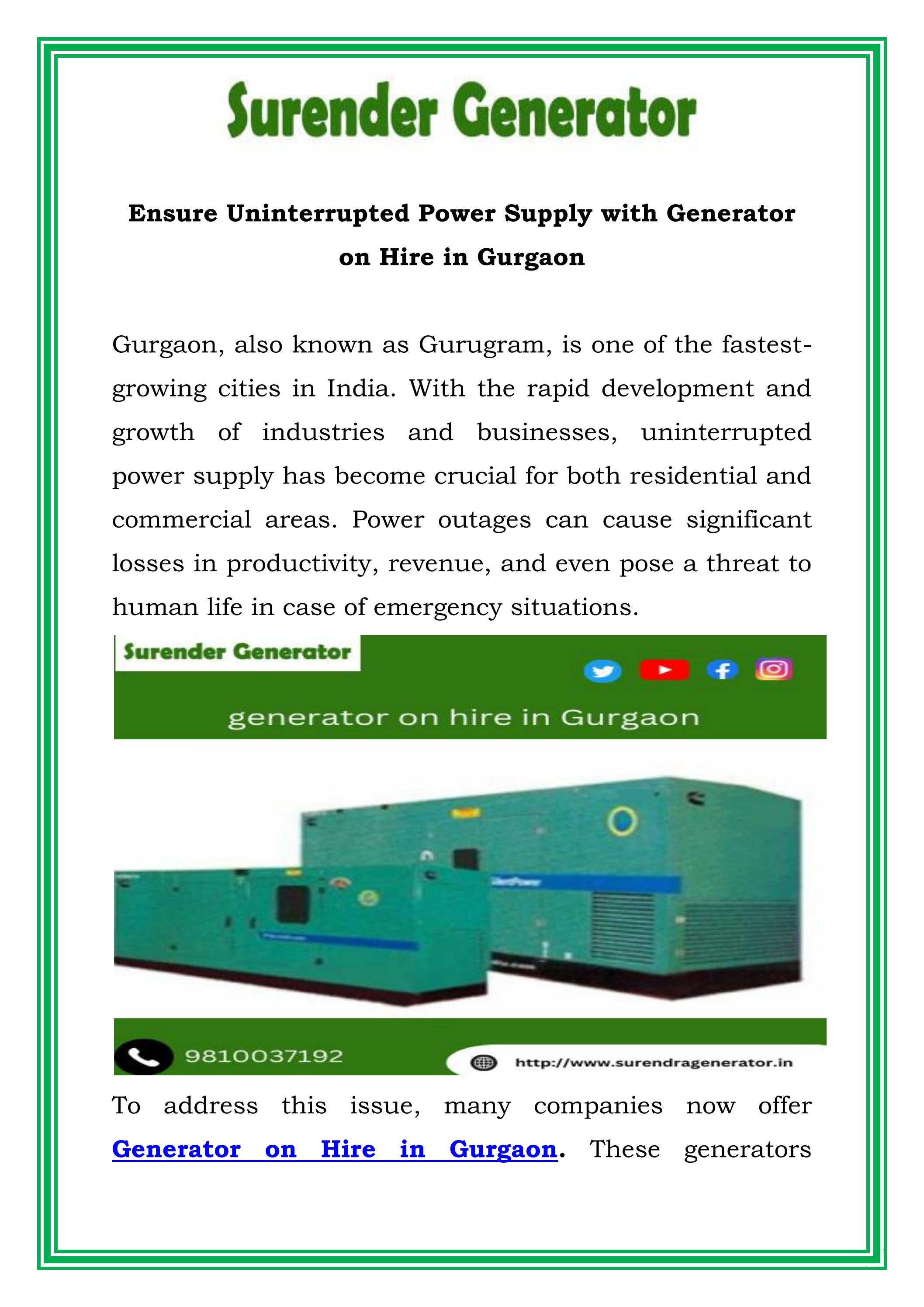 Ensure Uninterrupted Power Supply with Generator on Hire in Gurgaon by