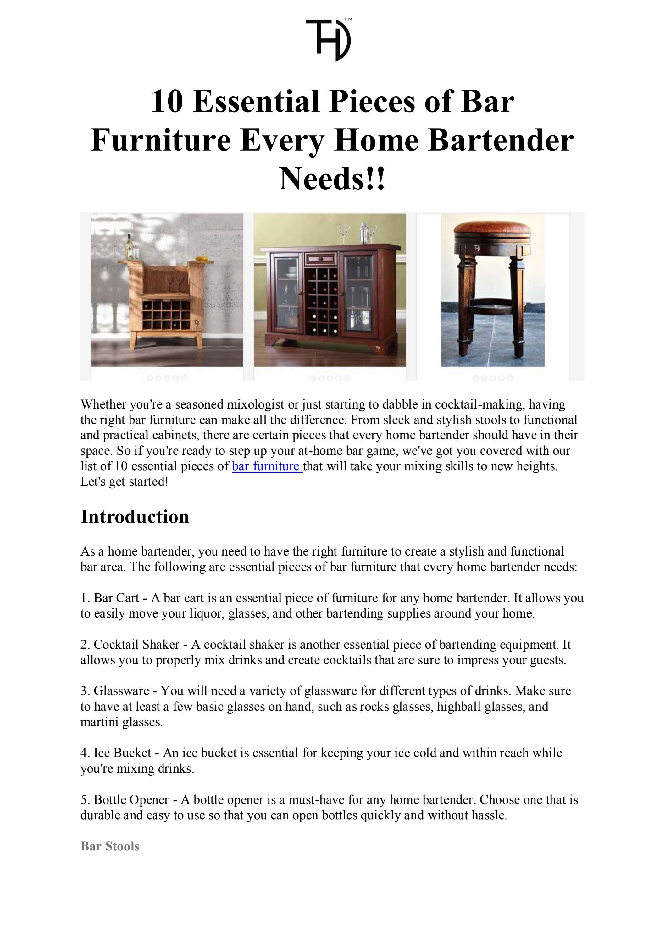 The title of 10 Essential Pieces of Bar Furniture Every Home Bartender