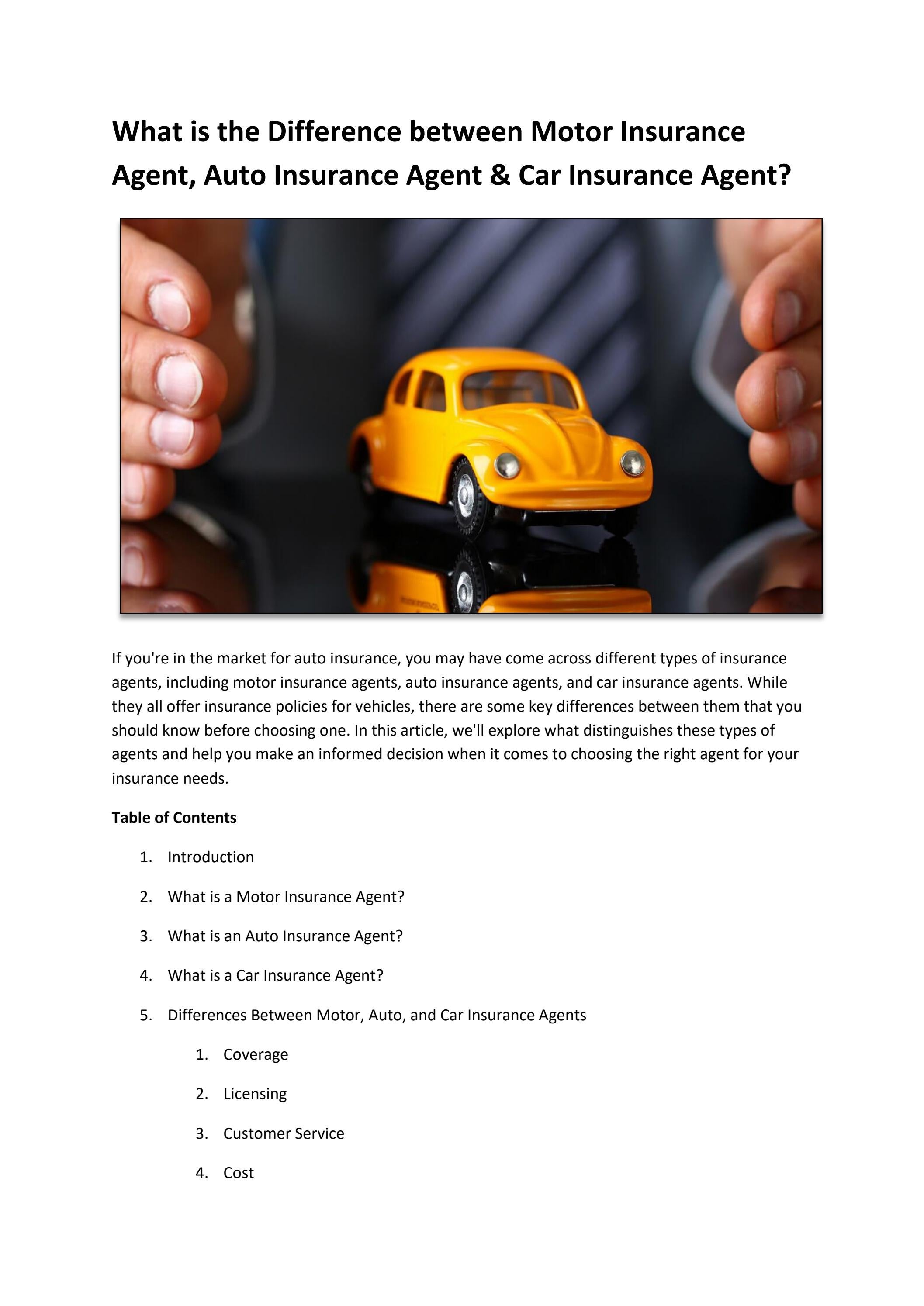 What is the Difference between Motor Insurance Agent, Auto Insurance