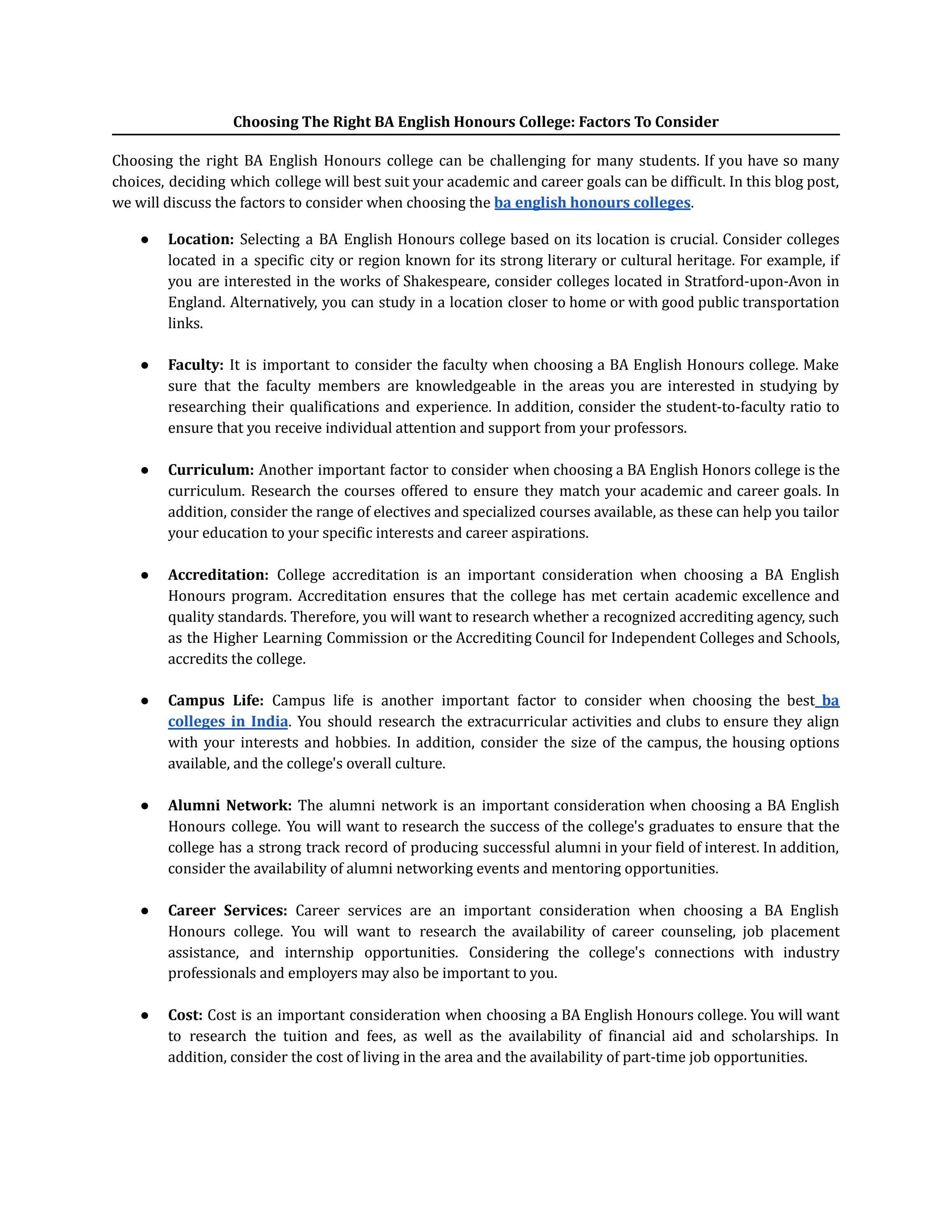Choosing The Right BA English Honours College Factors To Consider by