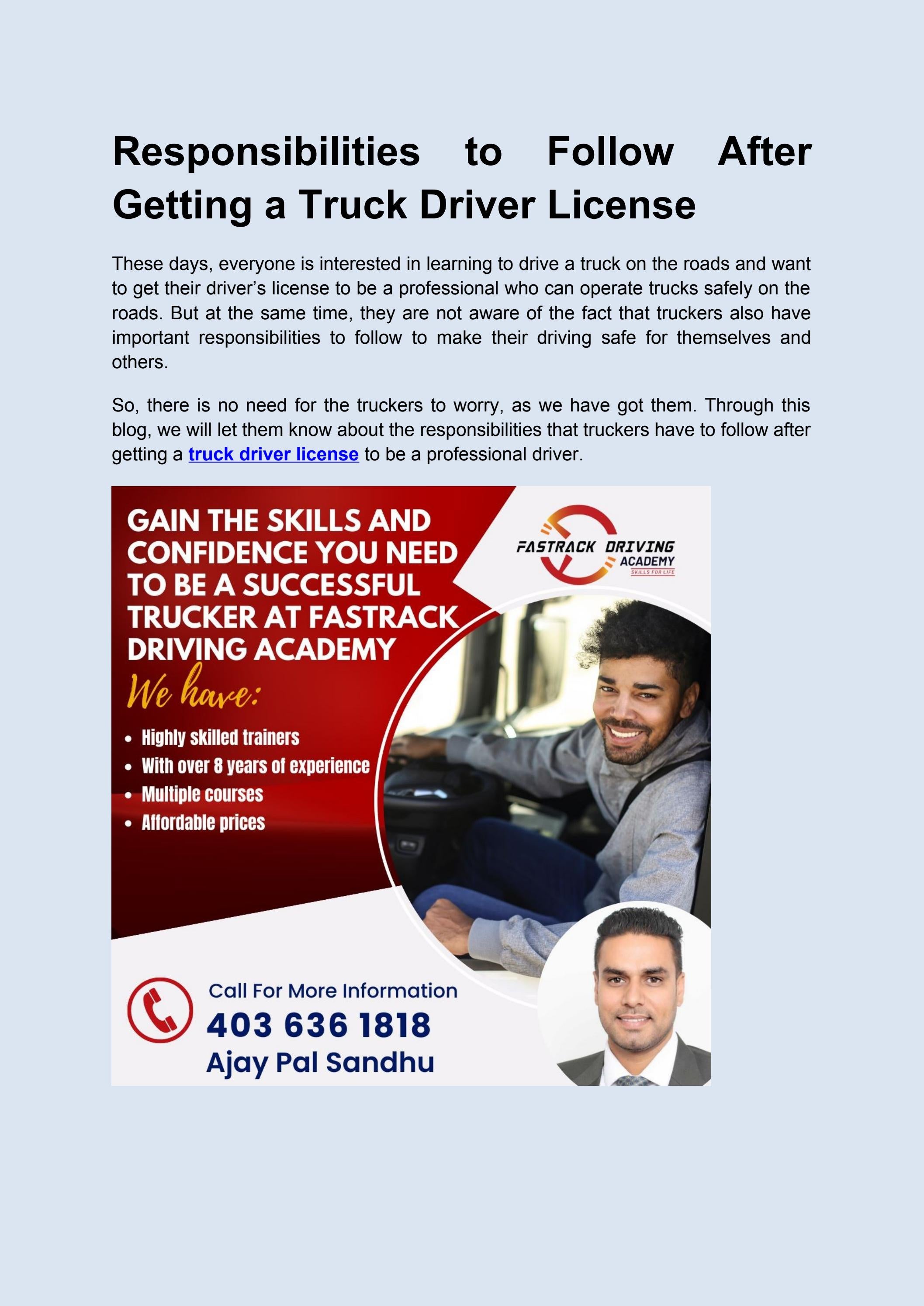 Responsibilities to Follow After Getting a Truck Driver License by