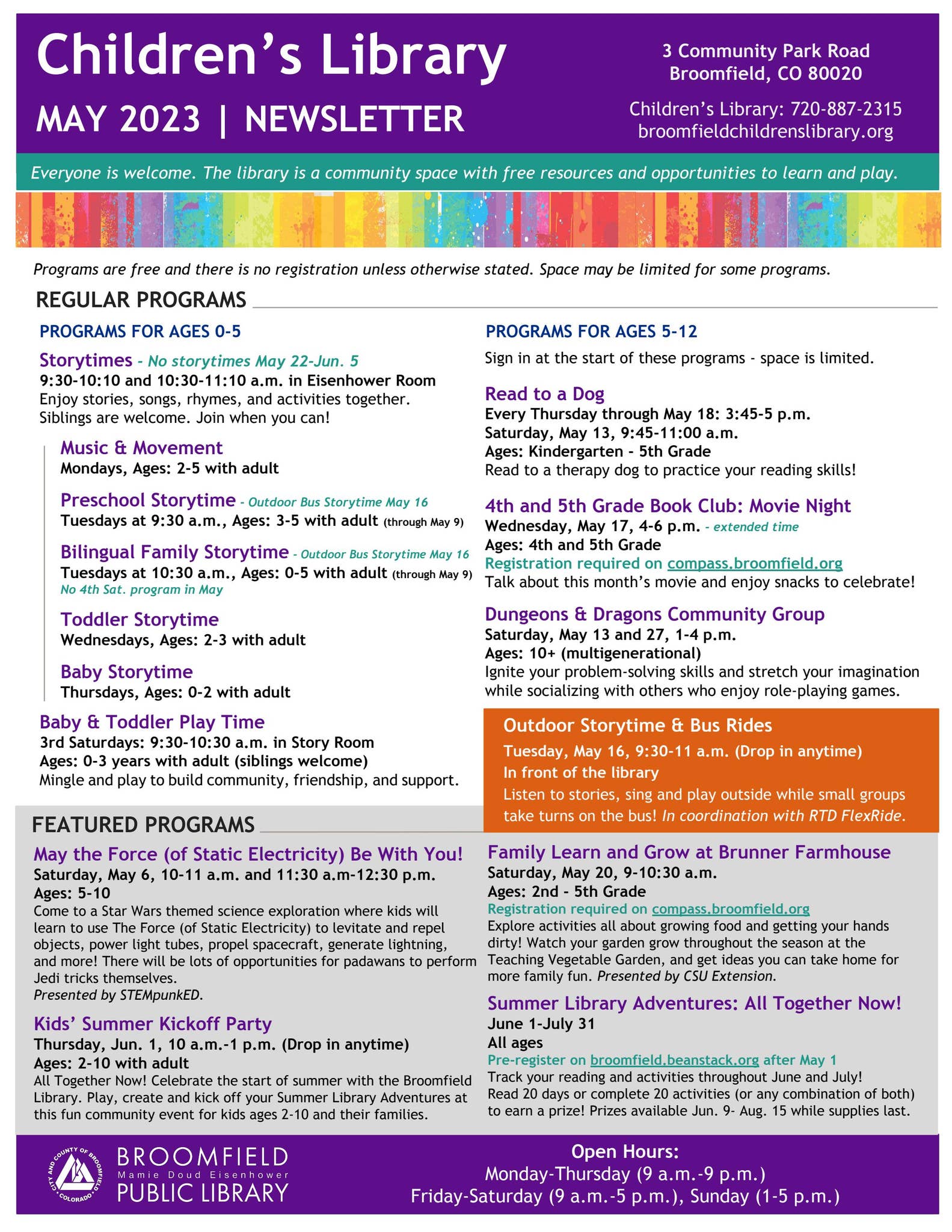 Broomfield Library Children's Newsletter May 2023 by City and County