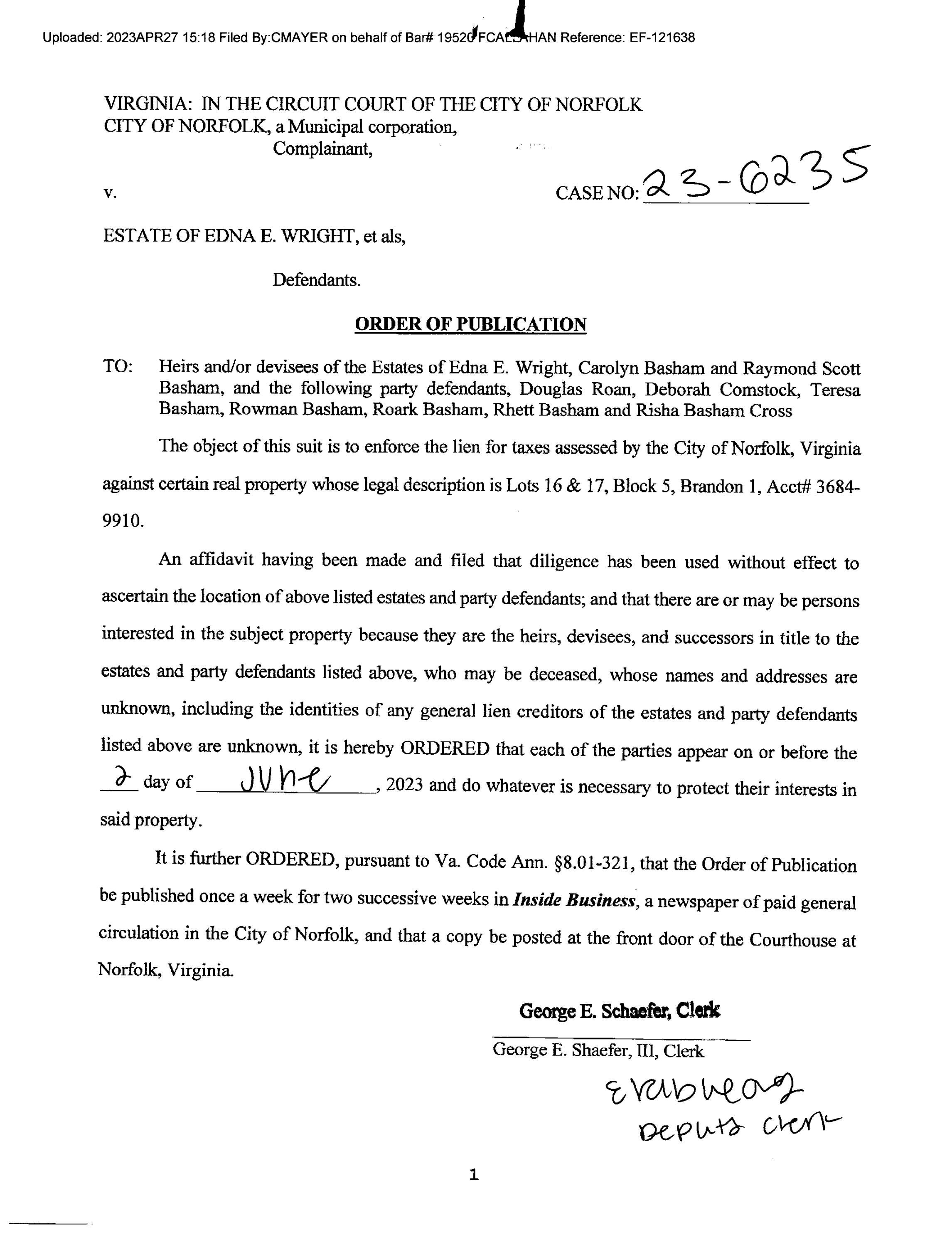 CL236235 ORDER OF PUBLICATION by Norfolk Circuit Court Clerk's Office