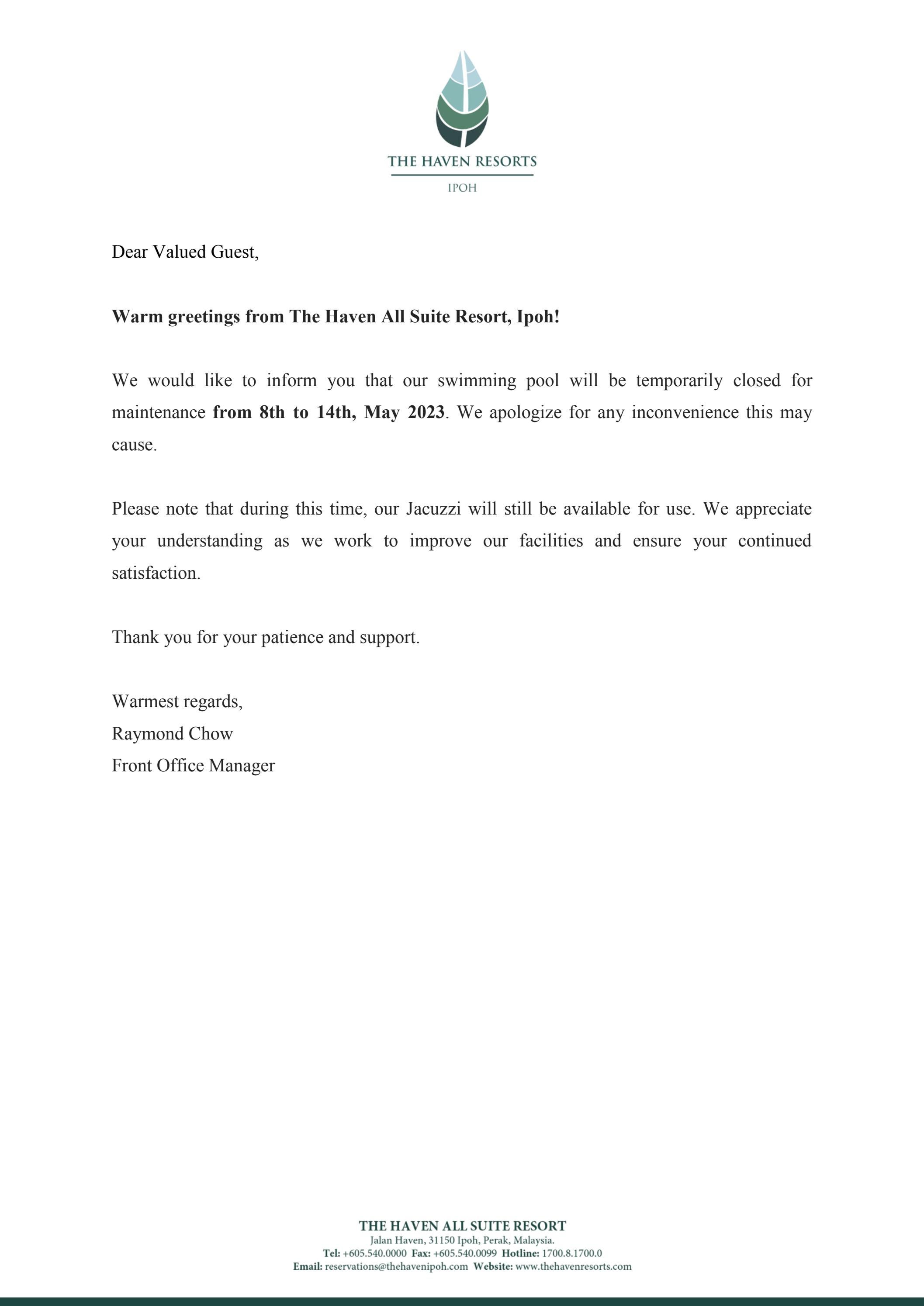 Closure of Swimming Pool Notice by The Haven Resort Issuu
