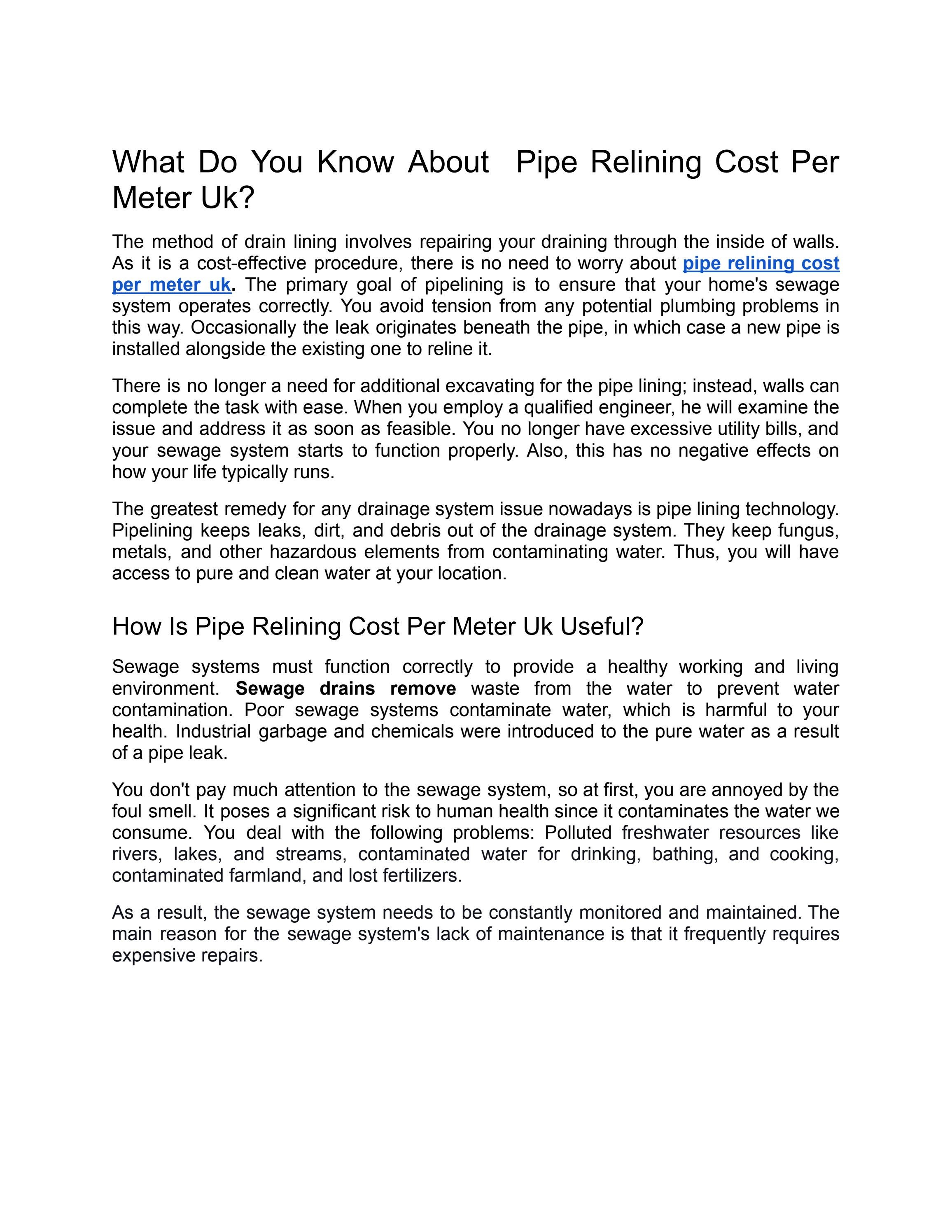 What Do You Know About Pipe Relining Cost Per Meter