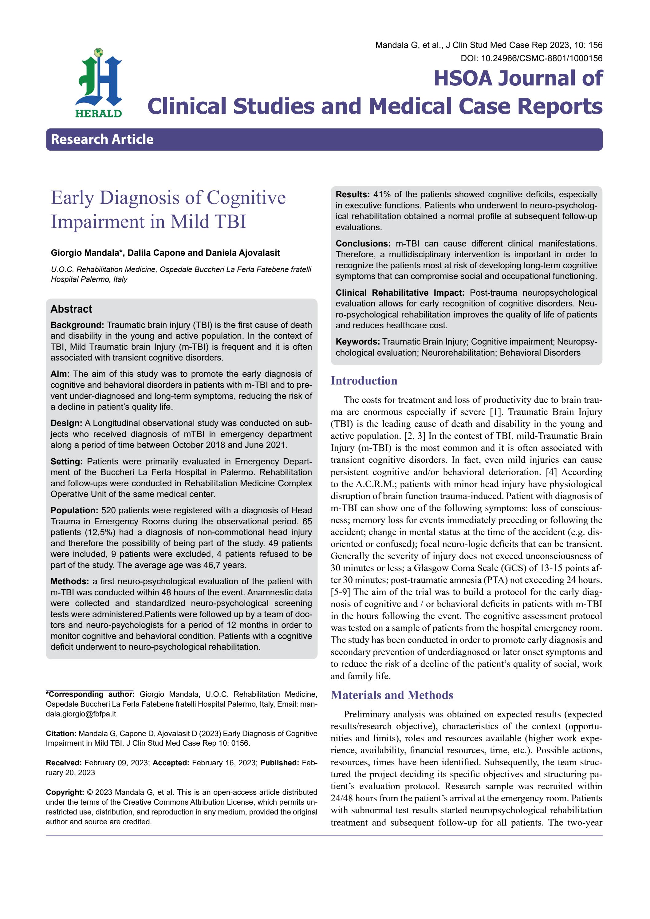 Early Diagnosis of Cognitive Impairment in Mild TBI by Herald Scholarly Open Access - Issuu