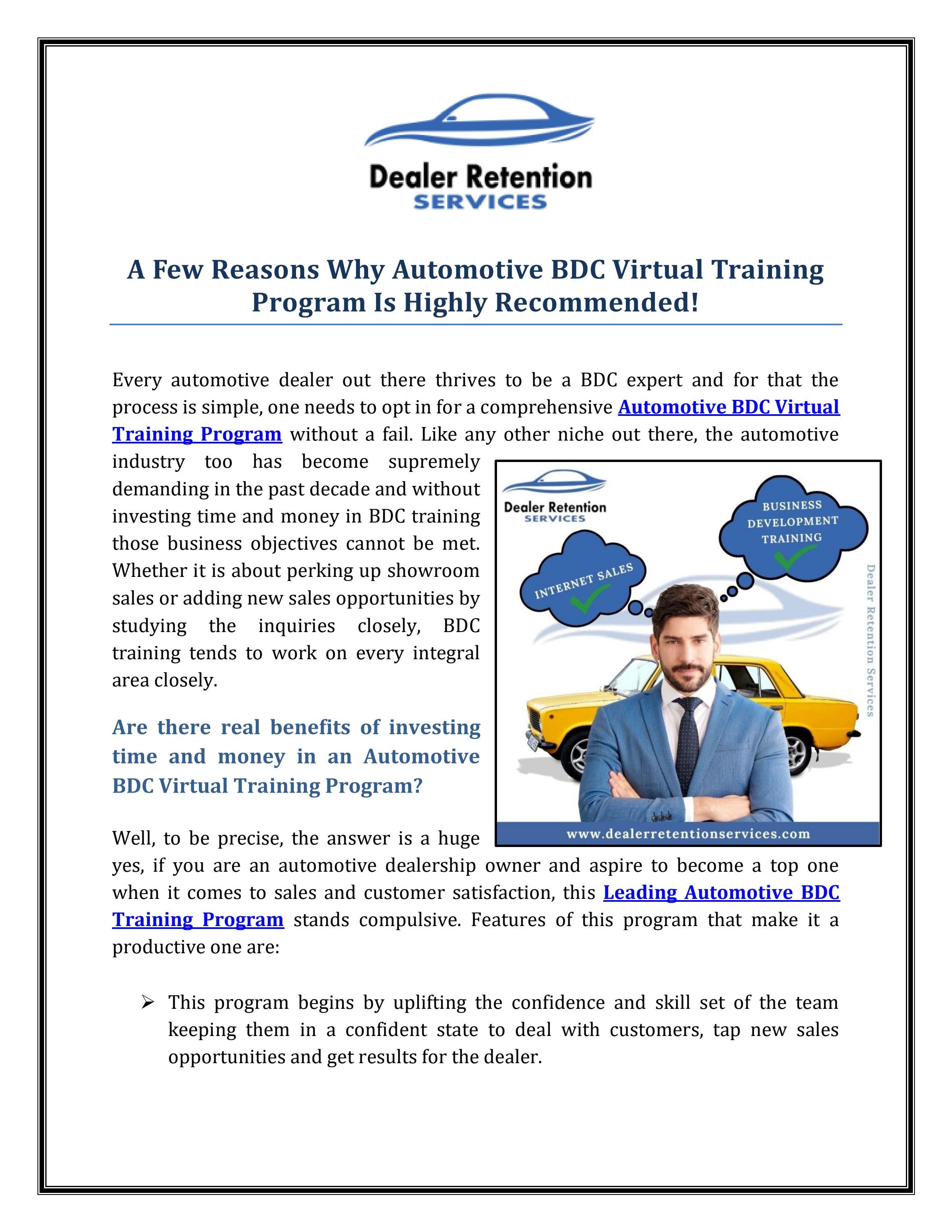 A Few Reasons Why Automotive BDC Virtual Training Program Is Highly