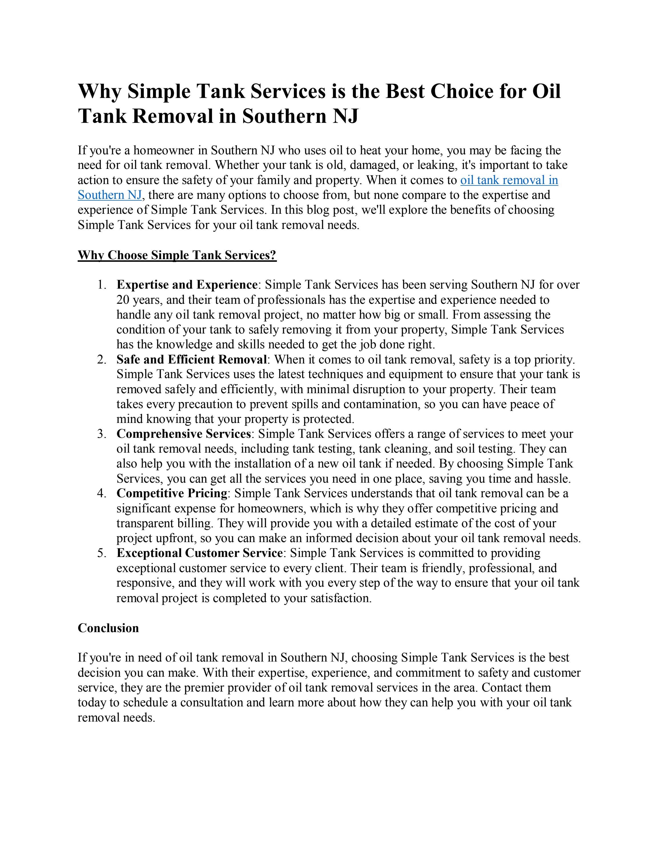 Why Simple Tank Services is the Best Choice for Oil Tank Removal in