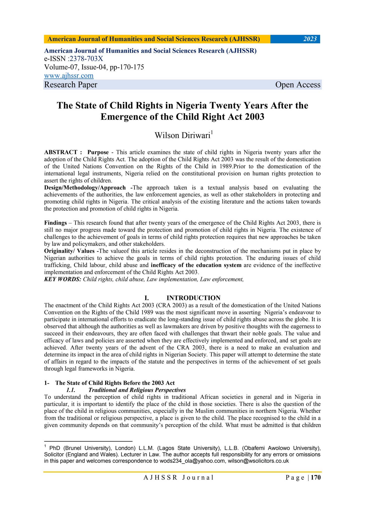 The State of Child Rights in Nigeria Twenty Years After the Emergence ...
