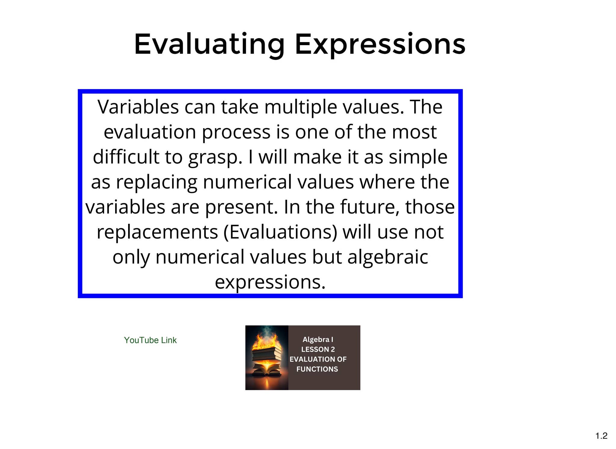 Algebra I CoursE. Lesson 2: Evaluating Expressions by Math Topics by Dr ...
