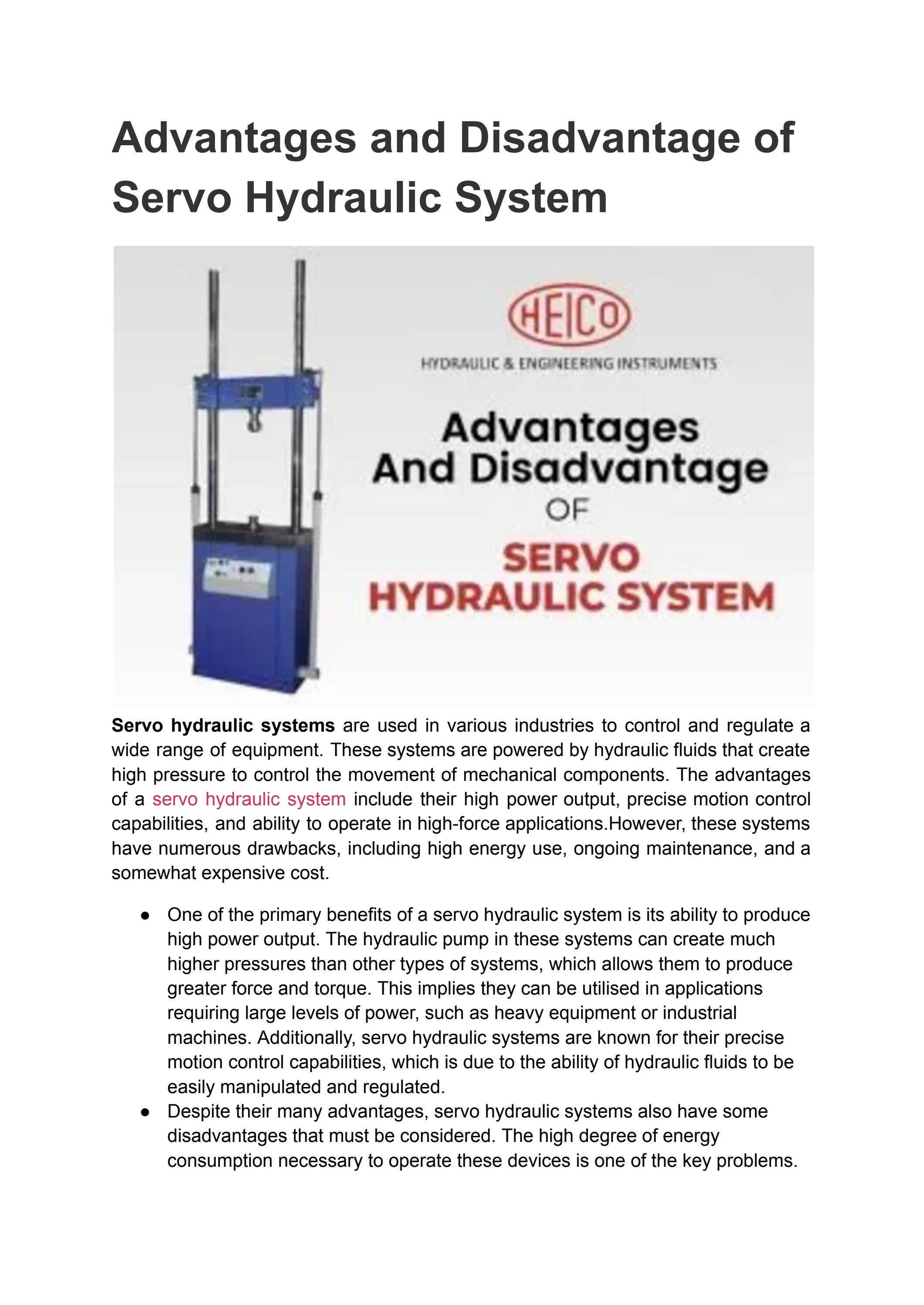 Advantages and Disadvantage of Servo Hydraulic System by HYDRAULIC
