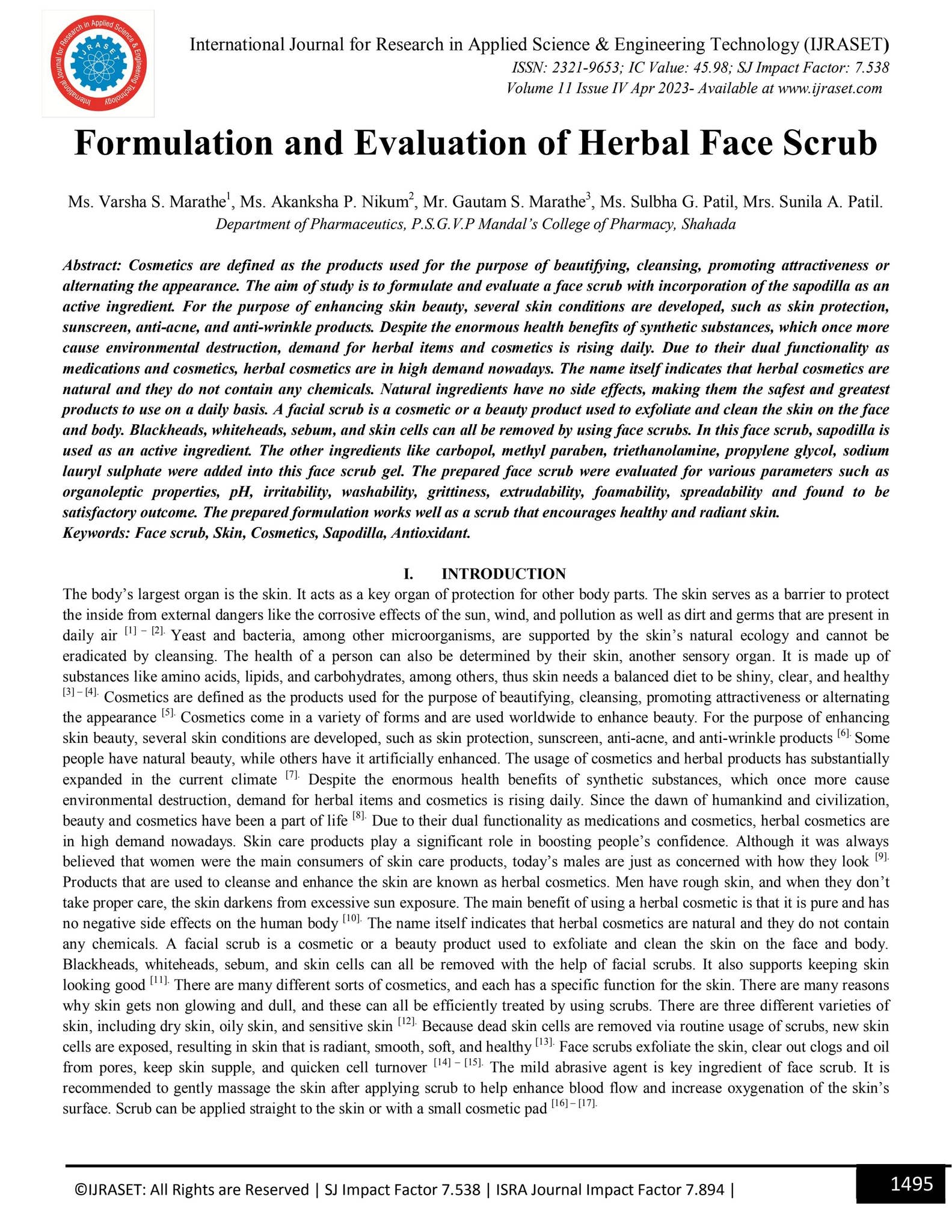 Formulation and Evaluation of Herbal Face Scrub by IJRASET - Issuu