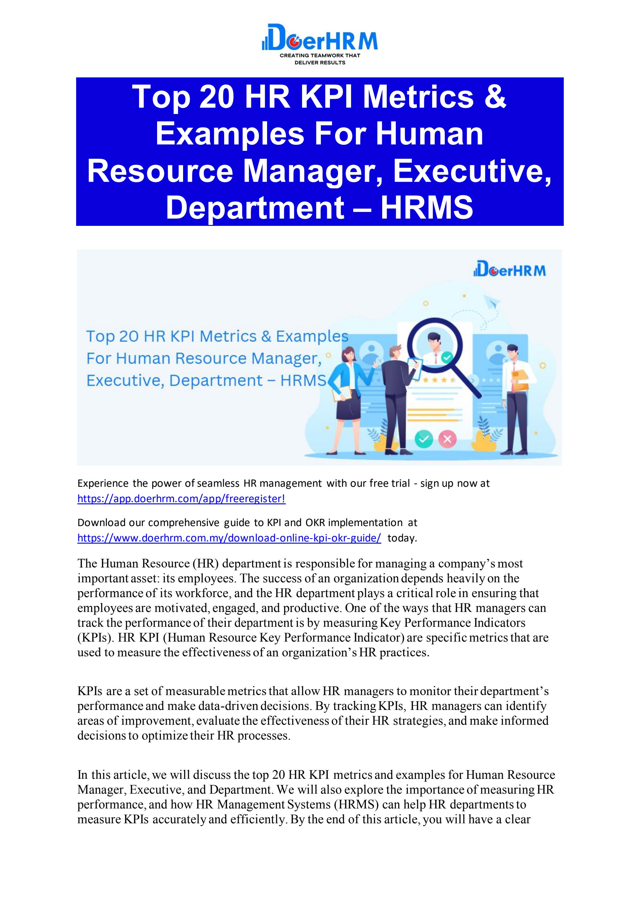 Top 20 HR KPI Metrics & Examples For Human Resource Manager, Executive ...