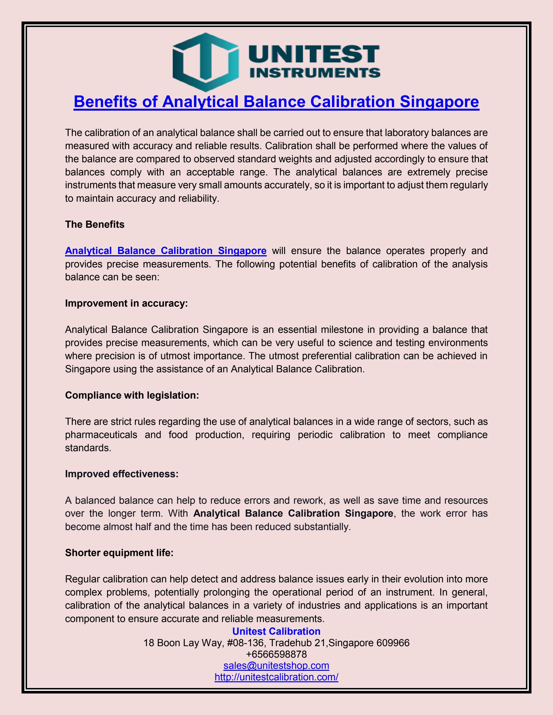 Benefits of Analytical Balance Calibration Singapore by Unitest
