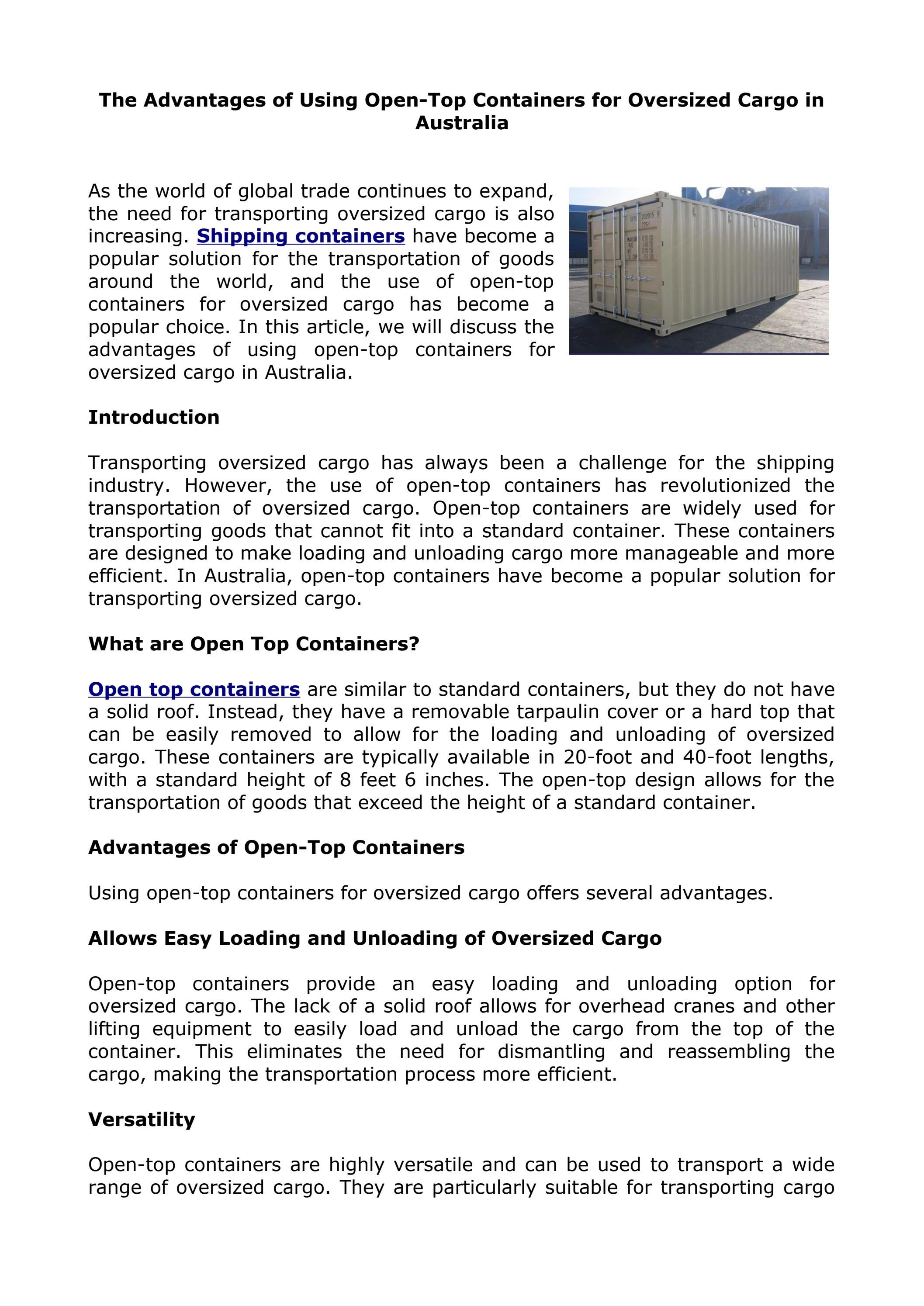 The Advantages of Using OpenTop Containers for Oversized Cargo in